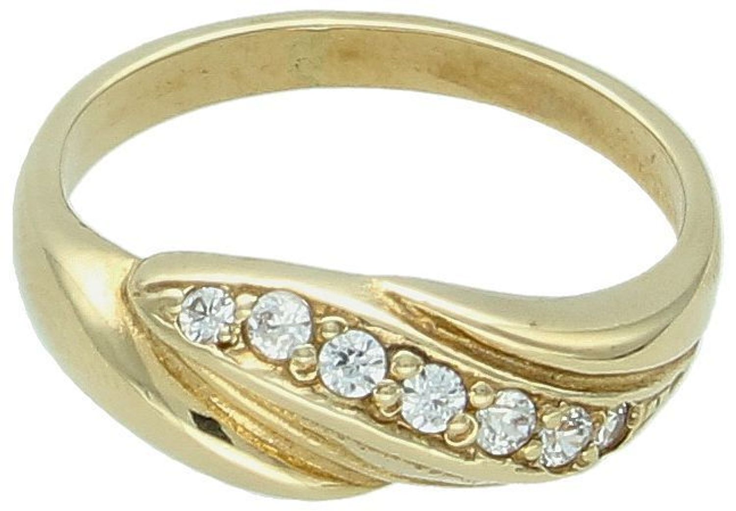 Złoty pierścionek o falistym kształcie ozdobiony cyrkoniami.jpg