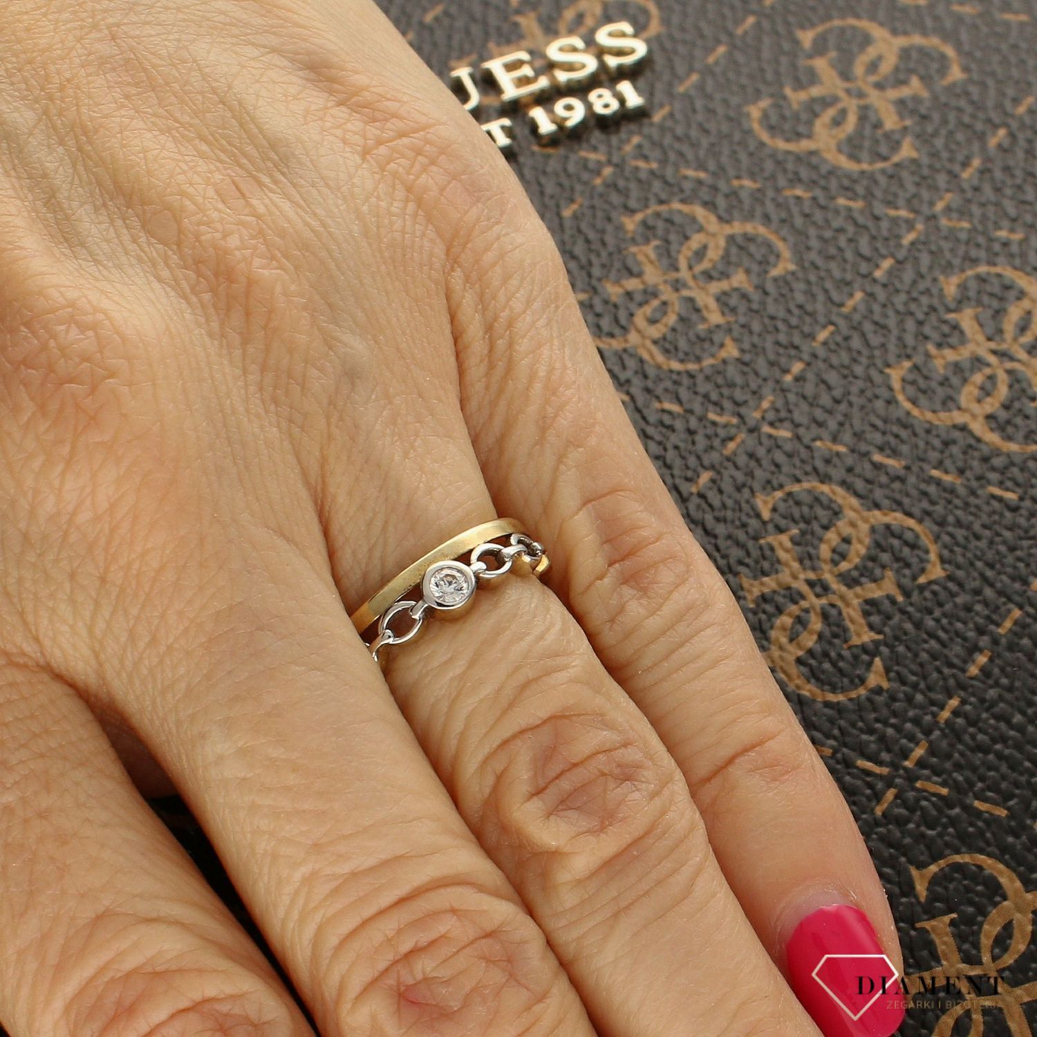 Złoty podwójny pierścionek 'Plecionka z cyrkonią'.jpg