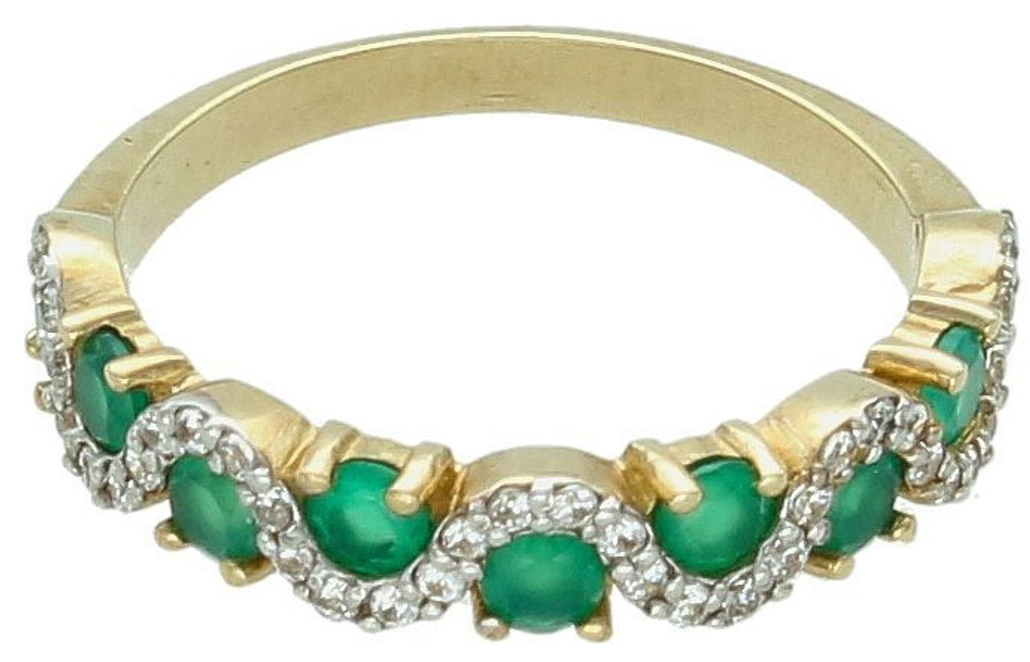 Złoty pierścionek 333 z zielonymi kamieniami DIA-PRS-5112-375. Złoty pierścionek w klasycznej odsłonie świetnie się sprawdzi na prezent z okazji urodzin, imienin czy rocznicy ślubu. 1.jpg