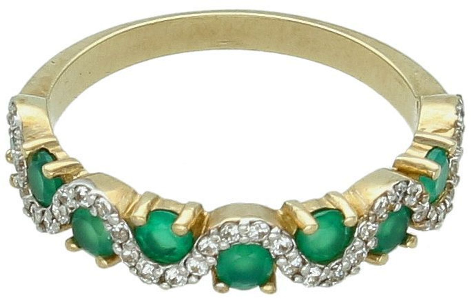 Złoty pierścionek 333 z zielonymi kamieniami DIA-PRS-5112-375. Złoty pierścionek w klasycznej odsłonie świetnie się sprawdzi na prezent z okazji urodzin, imienin czy rocznicy ślubu. 1.jpg