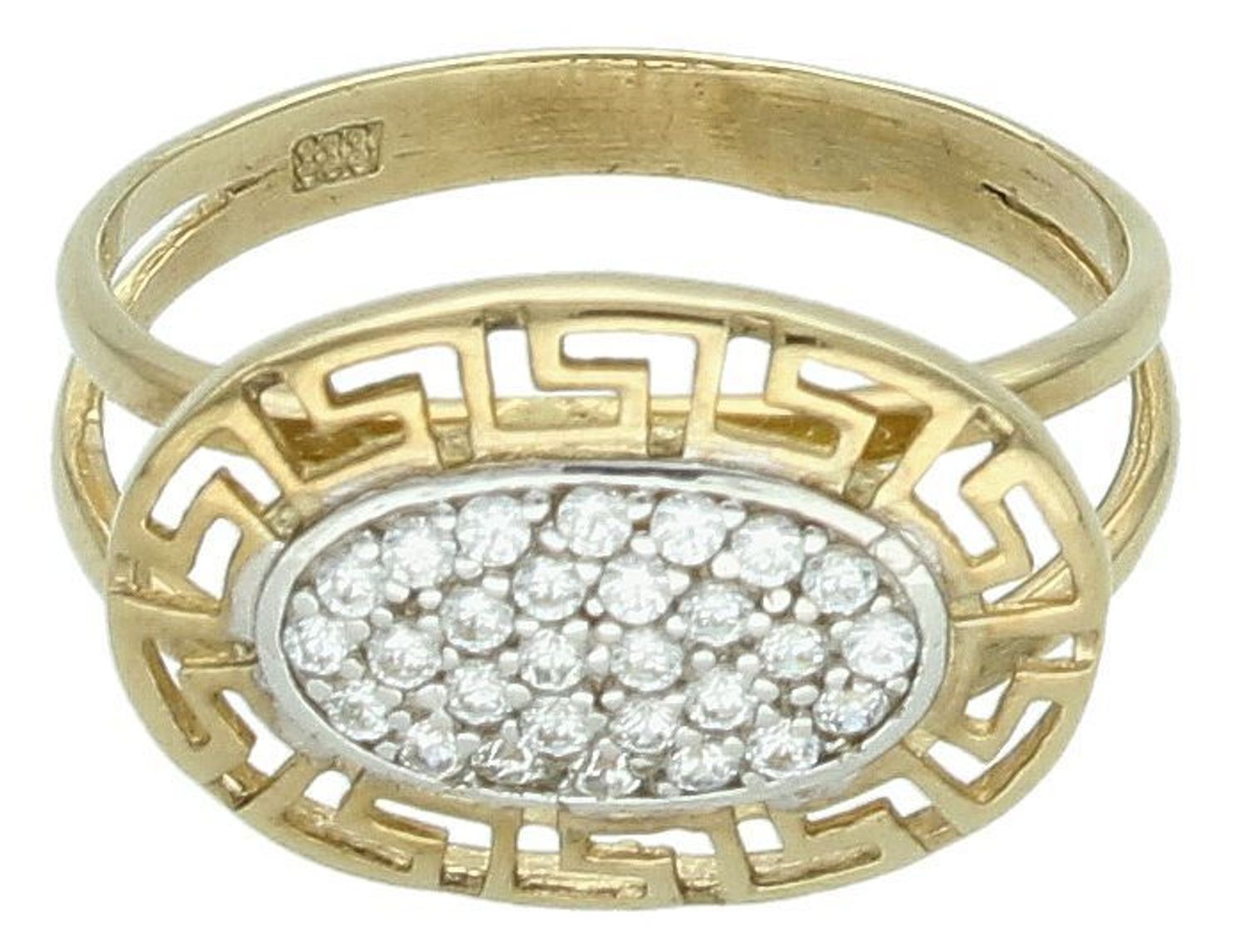 Złoty pierścionek oczko z drogą grecką rozmiar 14 DIA-PRS-5160-333 . Pierścionek z dużym oczkiem. Na prezent. Na walentynki. Owalne oczko wysadzane cyrkoniami otoczone jest motywem drogi 1.jpg