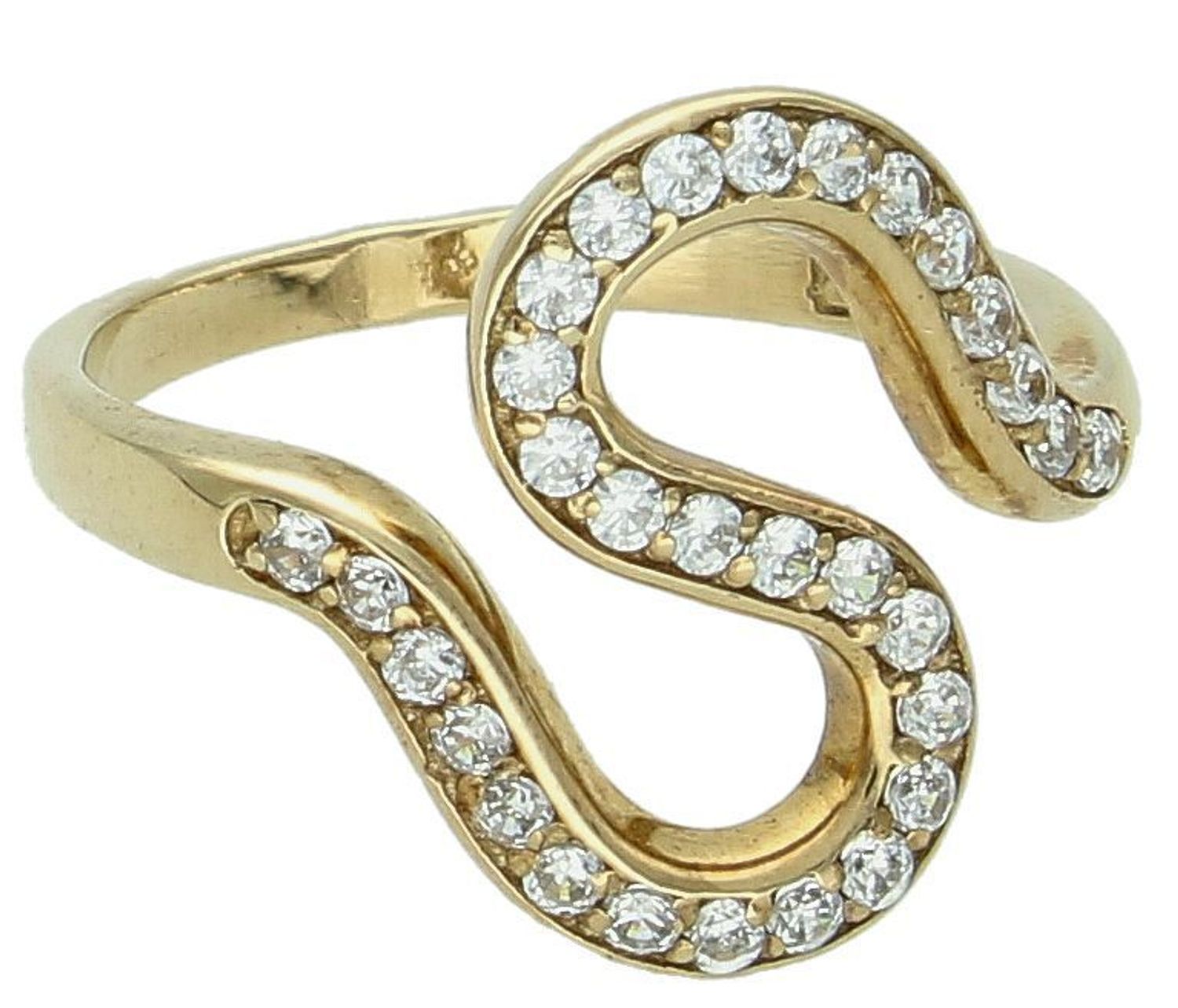 Złoty pierścionek damski wstęga z cyrkoniami rozmiar 15 DIA-PRS-5176-333. Złoty pierścionek o nietypowej budowie. Złoty pierścionek ozdobiony cyrkoniami.  podkreśli1.jpg