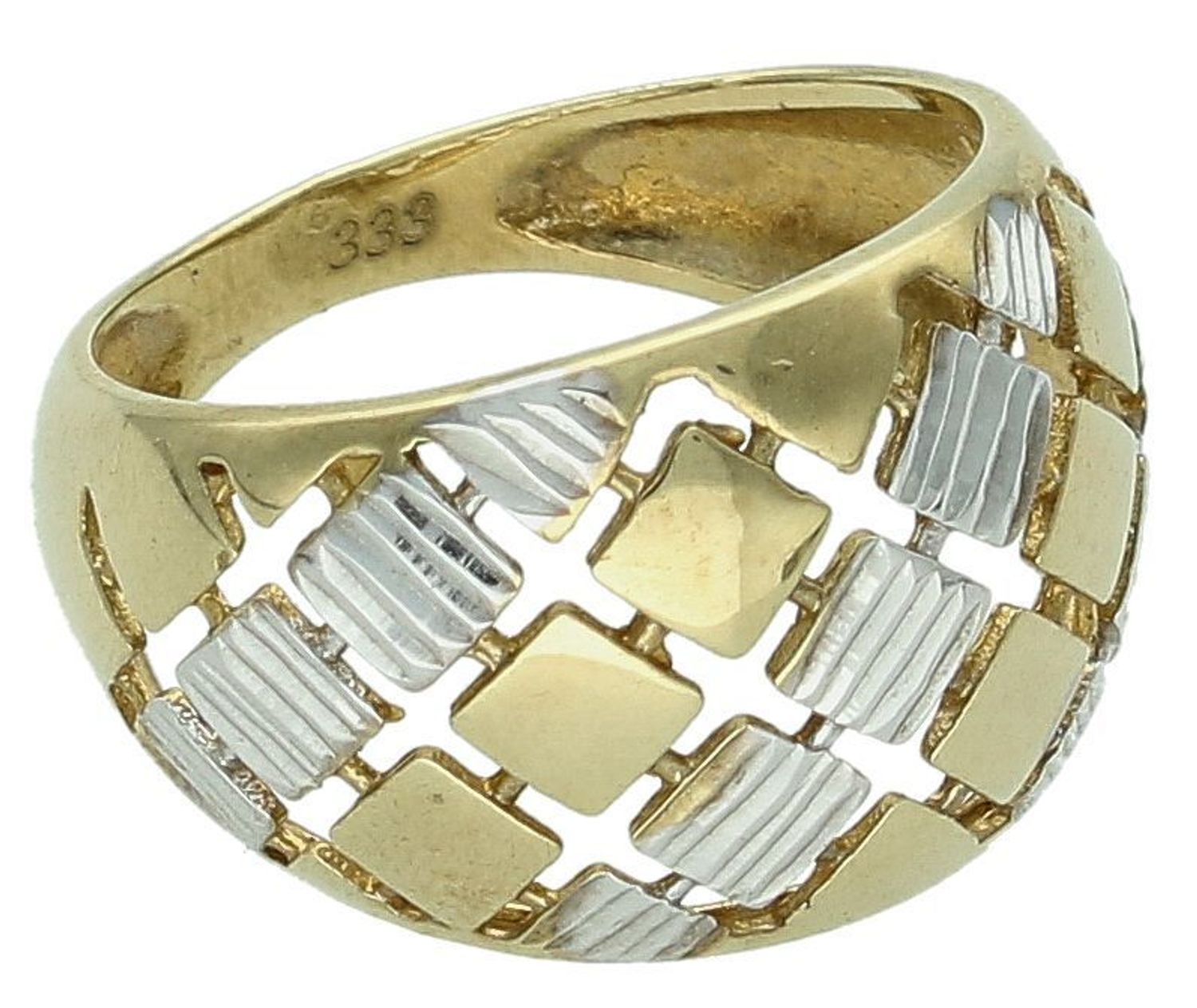 Złoty damski szeroki pierścionek 'Biało złota kratka' rozmiar 15 DIA-PRS-5178-333. Złoty pierścionek ozdobiony kwadracikami wykonanymi z białego oraz żółtego złota. 1.jpg