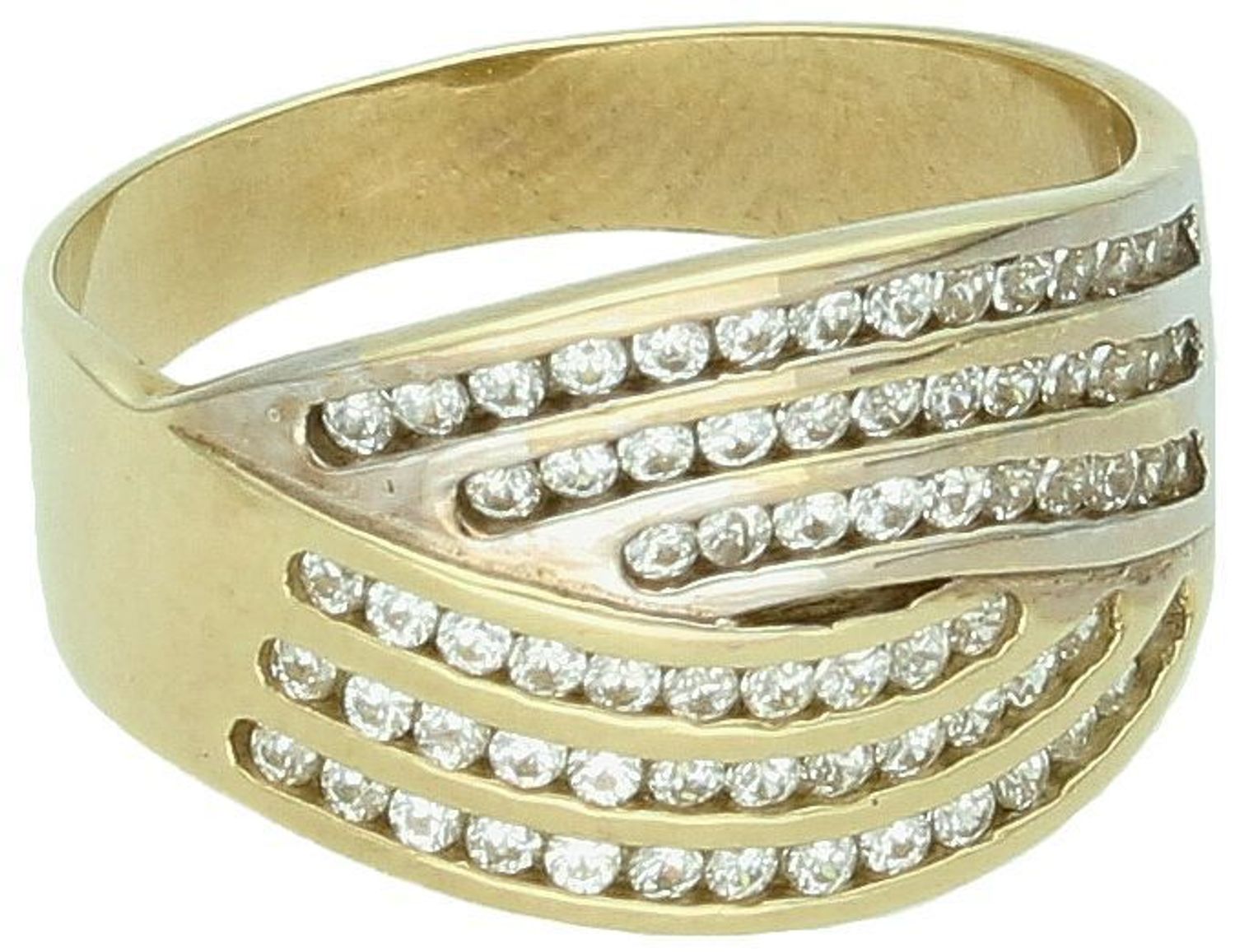 Złoty szeroki pierścionek wysadzany cyrkoniami DIA-PRS-5190-333. Złoty, szeroki pierścionek o nietypowej budowie. Połączenie białego i żółtego złota z pewnością przyciągnie uwagę na palcu. 1.jpg