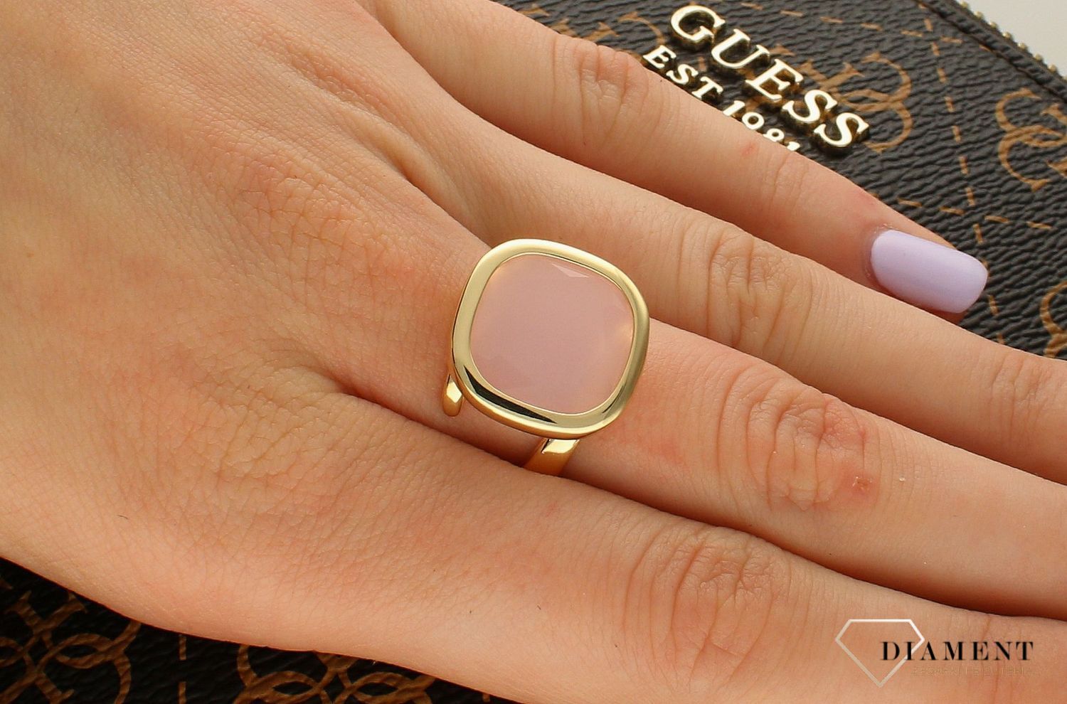 Pozłacany Pierścionek kwadrat Dall'acqua Sublime Kwarc Różowy 925 DIAMENT DIA-PRS-5545-925.jpg
