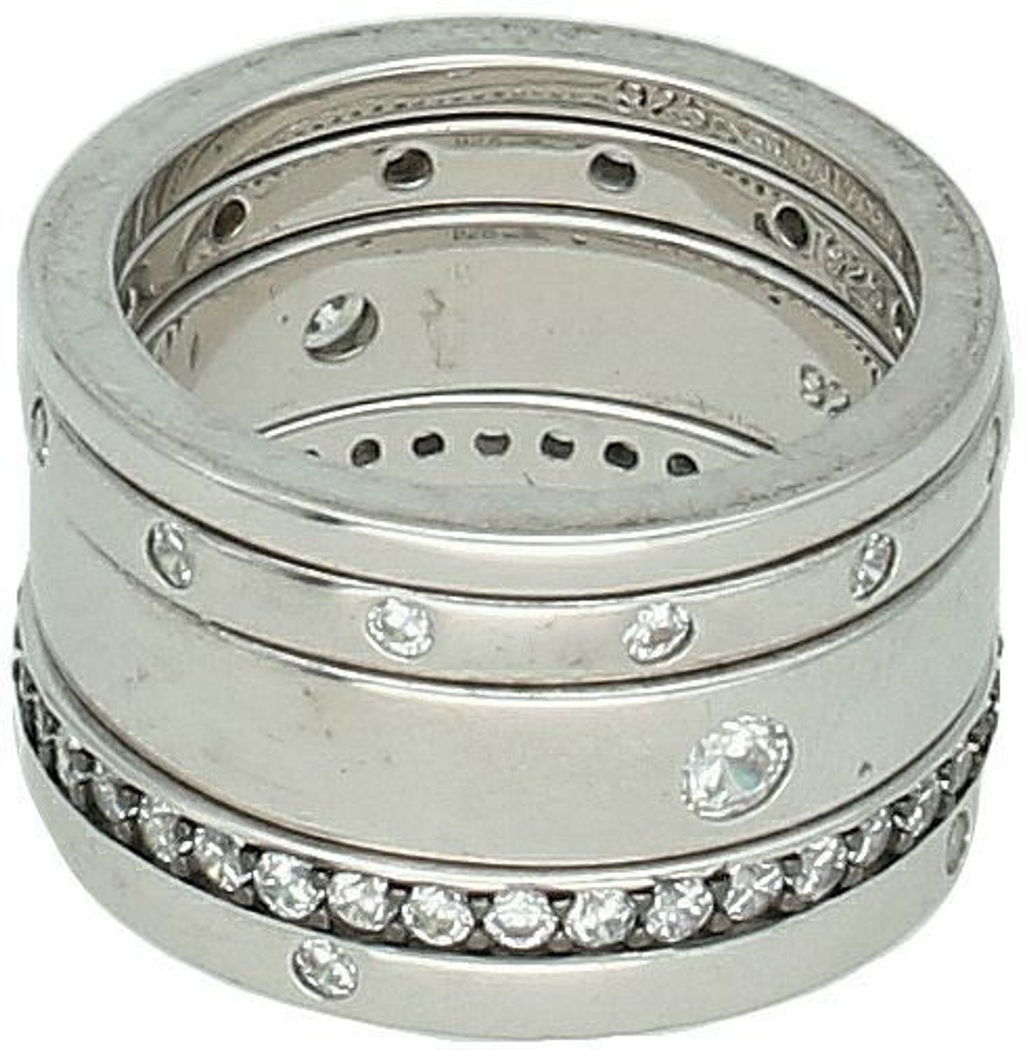 Pierścionek srebrny 925 z pięcioma obrączkami ozdobionymi cyrkoniami. Waga 11,90 g, rozmiar 11. Efektowna biżuteria dla kobiet ceniących styl i blask.1.jpg