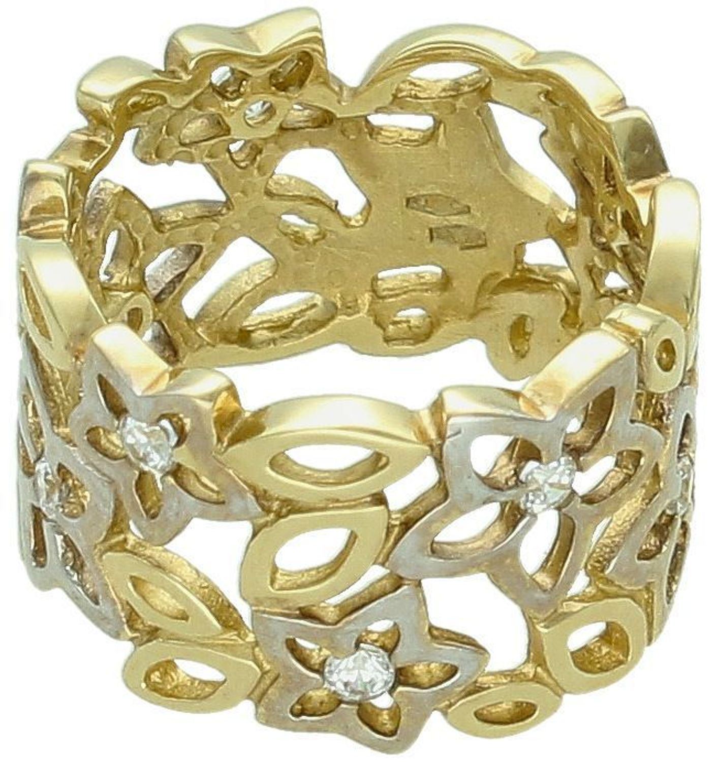 Pierścionek obrączka ażurowa kwiatki z cyrkonią i białym złotem próba 585 rozmiar 9, DIA-PRS-5796-585 Ten złoty pierścionek obrączka to 1.jpg