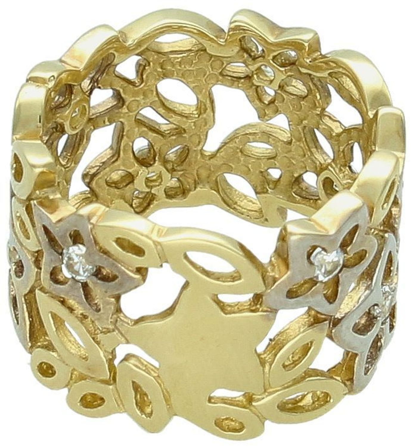 Pierścionek obrączka ażurowa kwiatki z cyrkonią i białym złotem próba 585 rozmiar 9, DIA-PRS-5796-585 Ten złoty pierścionek obrączka to 1.jpg