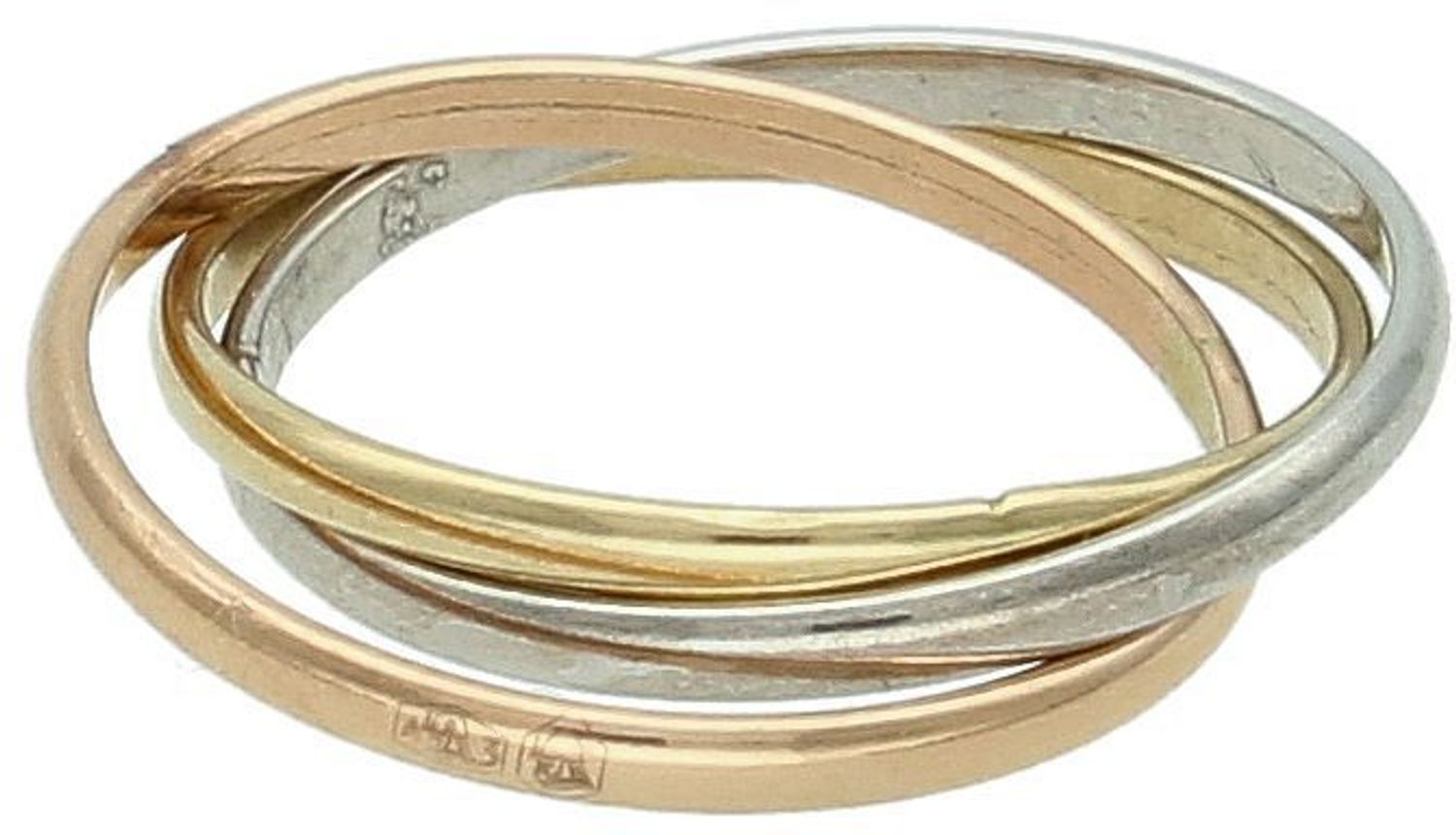 Złoty pierścionek damski 585 Splecione obrączki w trzech kolorach złota  Pierścionek wykonany z 14 karatowego złota. Złote obrączki w żółtym, różowym i białym złocie. Modny, stylowy  2.jpg