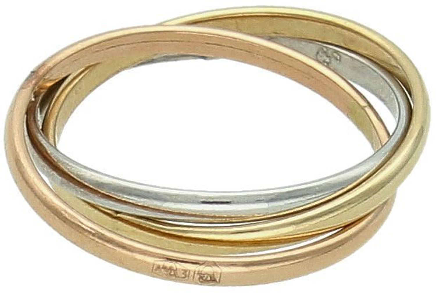 Złoty pierścionek damski 585 Splecione obrączki w trzech kolorach złota  Pierścionek wykonany z 14 karatowego złota. Złote obrączki w żółtym, różowym i białym złocie. Modny, stylowy  2.jpg