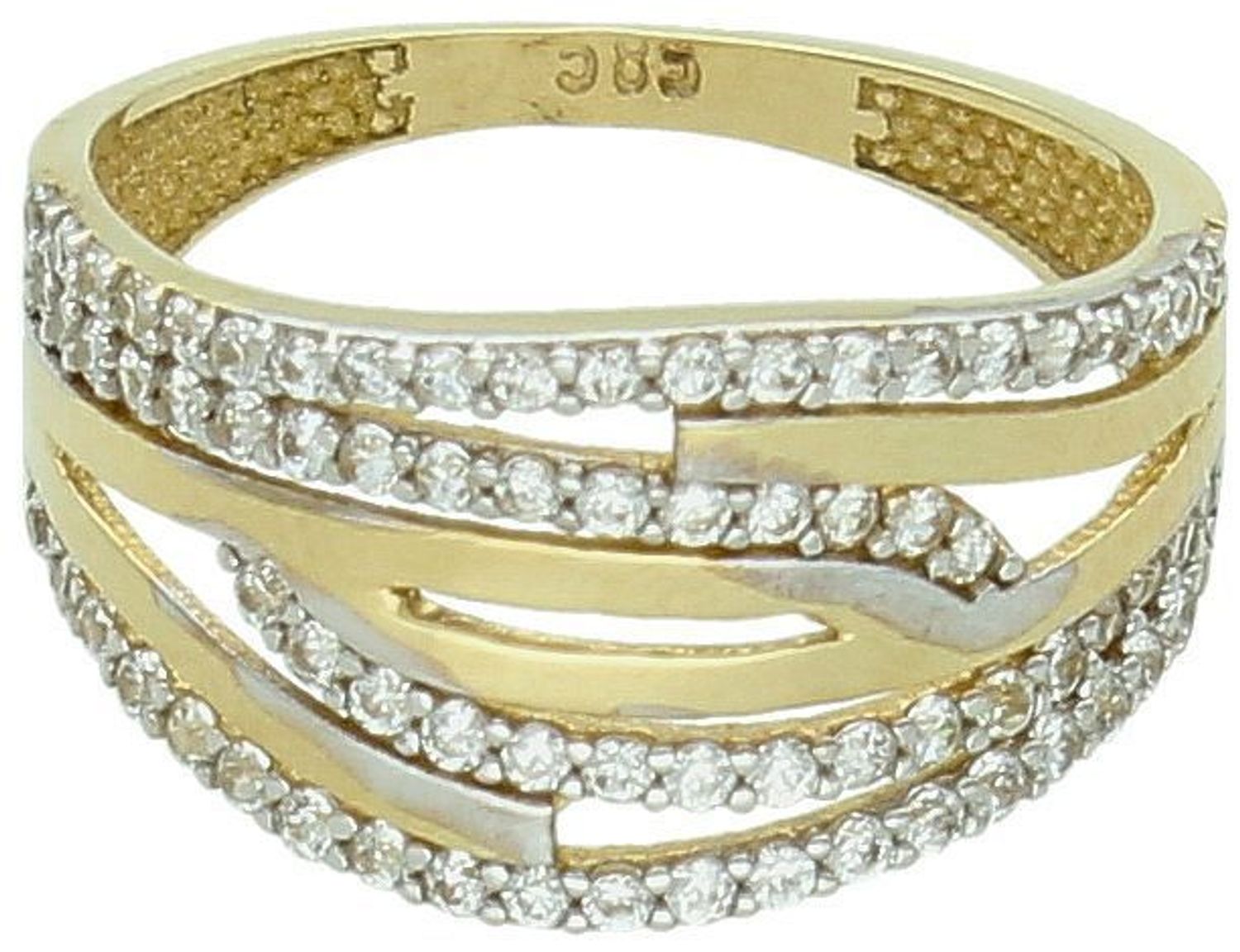 Pierścionek damski złoty szeroki z cyrkoniami próba 585, rozmiar 10 DIA-PRS-5808-585 Postaw na wyrazisty styl z eleganckim pierścionkiem damskim z żółtego złota próby 585 1.jpg