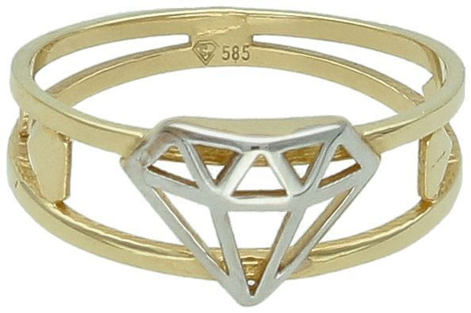 Złoty pierścionek damski 585 Kontury diamentu. Pierścionek wykonany z 14 karatowego złota. Element ozdobny w postaci konturów diamentu z białego złota. Modny, stylowy złoty dodatek.11.jpg