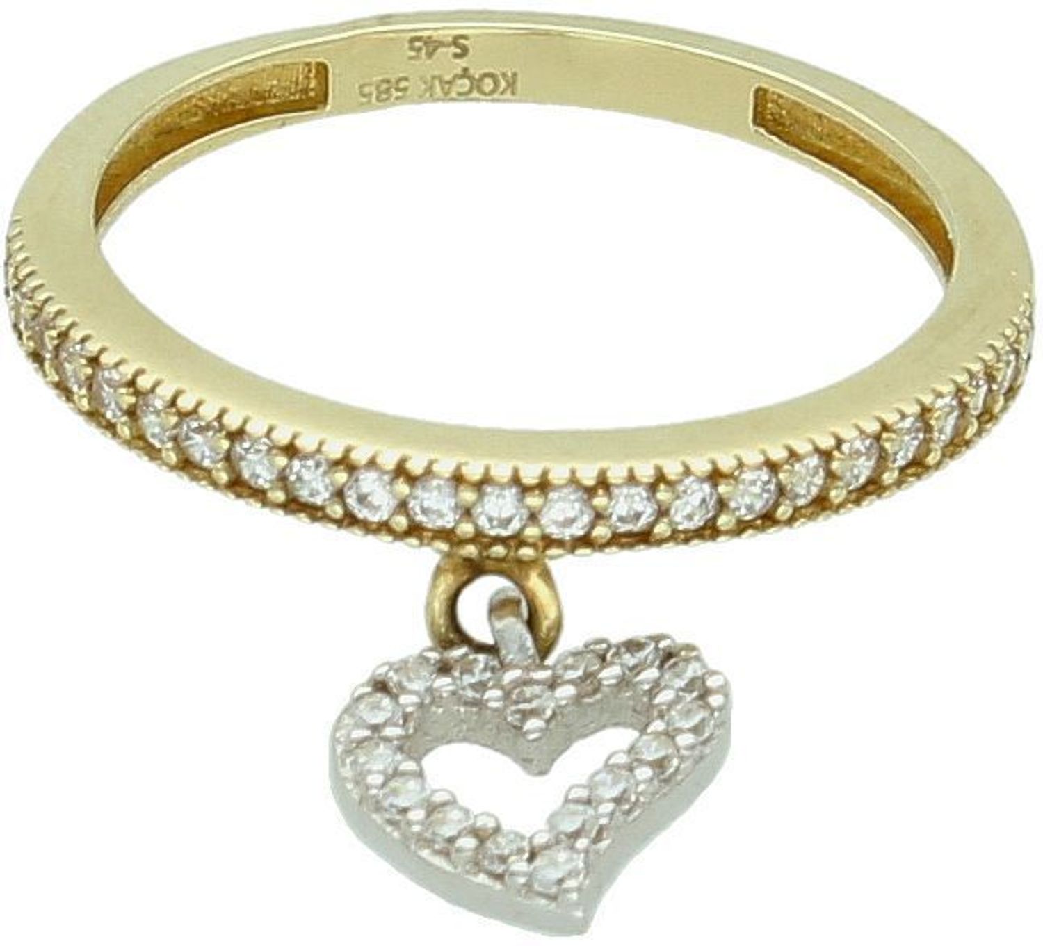 Pierścionek złoty próba 585, z wiszącym serduszkiem zdobionym cyrkoniami rozmiar 12, DIA-PRS-5847-585 Wyjątkowy pierścionek, który zachwyca nie tylko precyzją wykonania, ale również 1.jpg