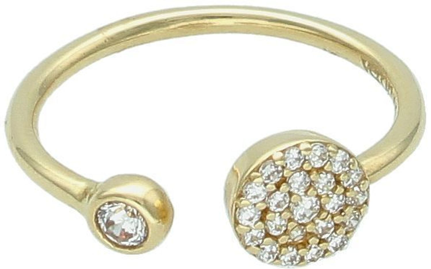 Złoty pierścionek damski próby 585 o wadze 1,75 g i rozmiarze 12. Nowoczesny, przerywany wzór z pojedynczą białą cyrkonią z jednej strony i kółeczkiem wysadzanym białymi cyrkoniami z drugiej.1.jpg