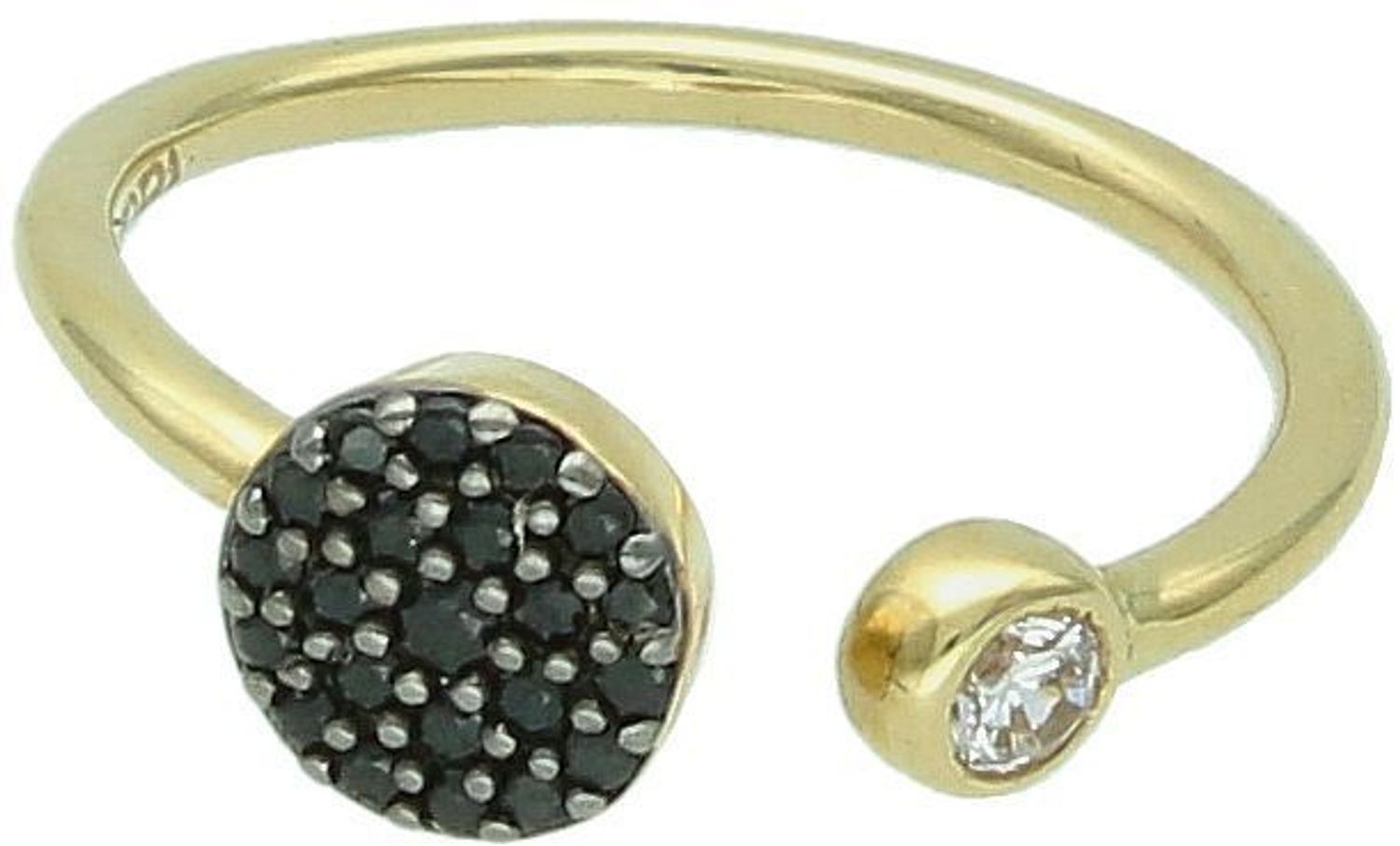 Ekskluzywny pierścionek damski ze złota próby 585 o wadze 1,75 g, rozmiar 12. Subtelna biała cyrkonia po jednej stronie i czarne cyrkonie w kółeczku po drugiej — połączenie klasyki 1.jpg