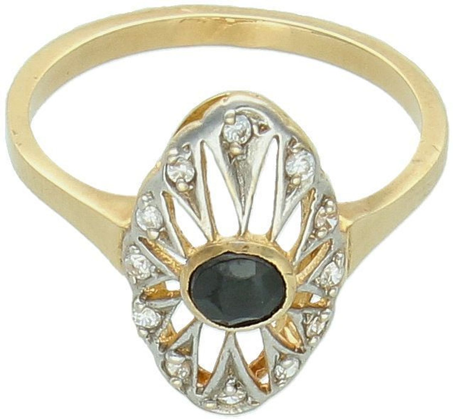 Złoty pierścionek damski 585 z owalną czarną cyrkonią otoczoną białymi kamieniami. Rozmiar 12. Styl glamour, idealny na prezent lub wyjątkowe okazje.1.jpg