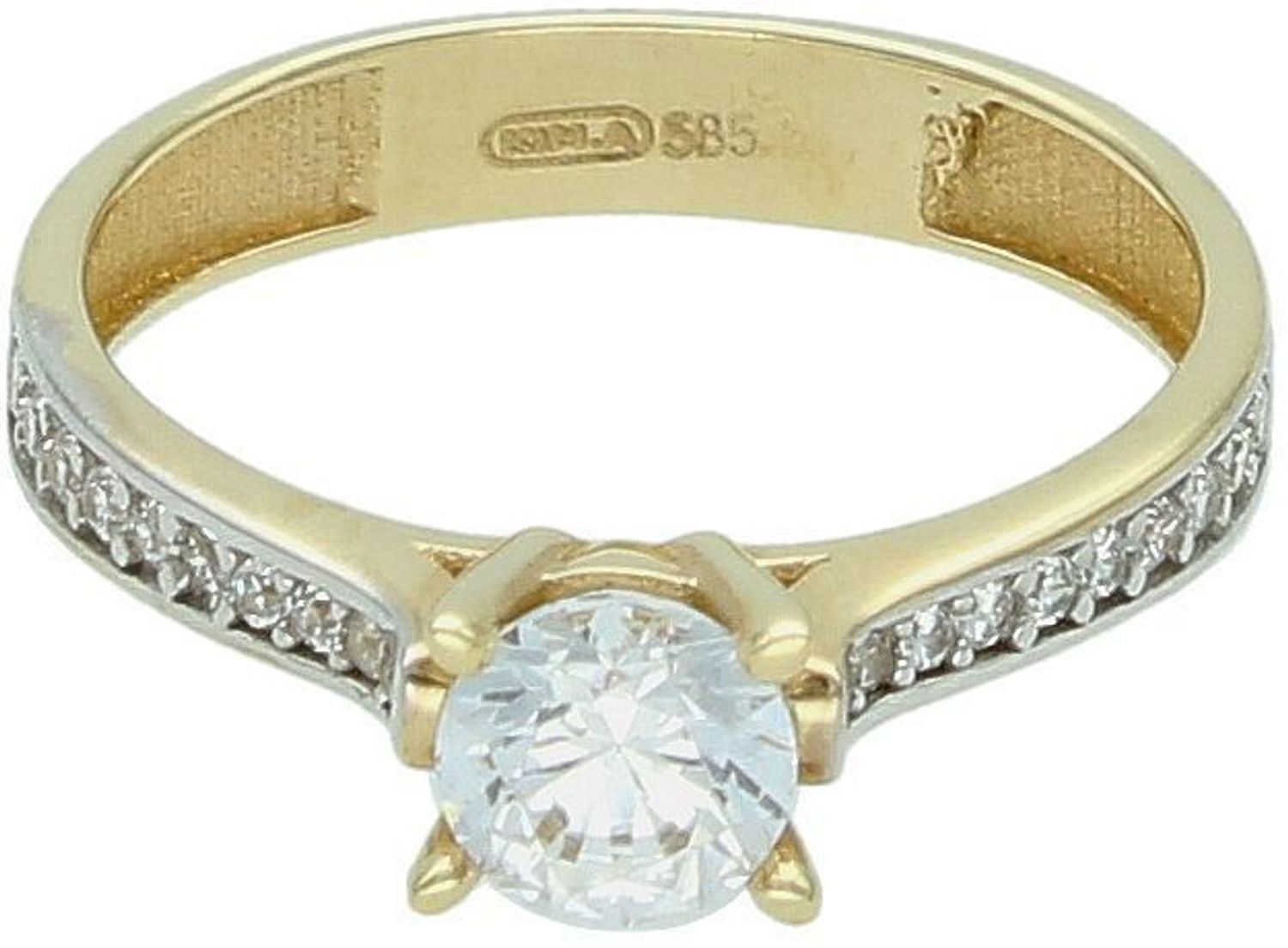 Złoty pierścionek damski próby 585 z cyrkoniami. Waga 2,33 g, rozmiar 12, szerokość szyny 3 mm, element ozdobny 5 mm. Idealny pierścionek na zaręczyny.1.jpg