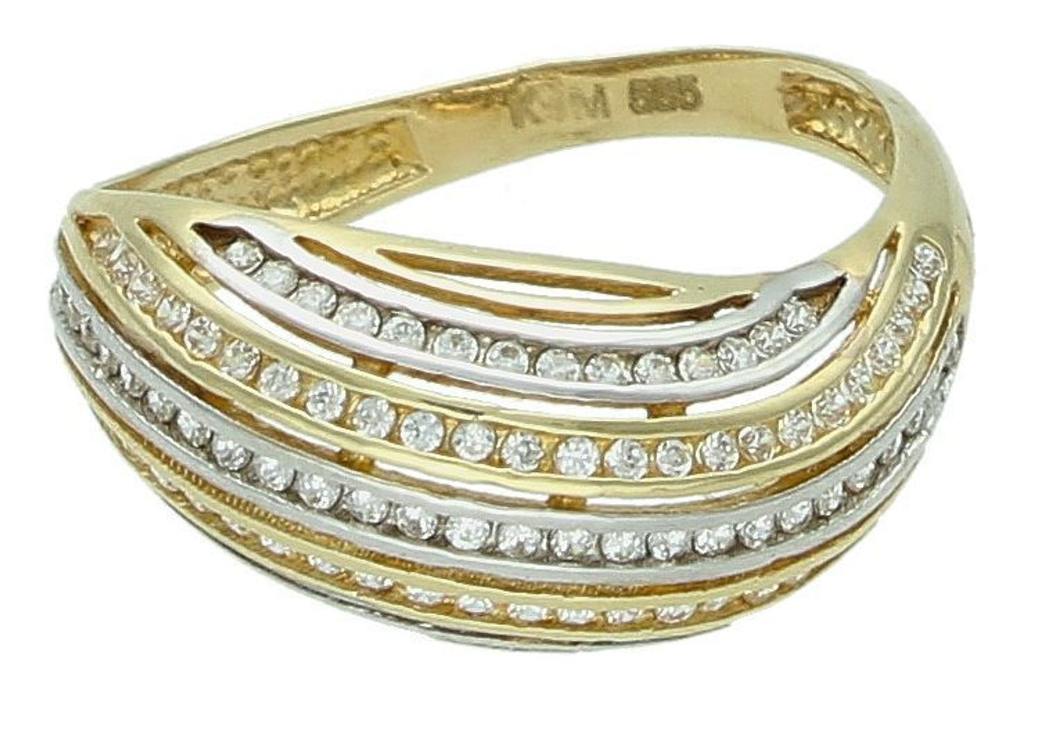 Złoty pierścionek damski próby 585 z efektownym zdobieniem cyrkoniami. Waga 2,43 g, szerokość 9 mm – idealny na prezent lub wyjątkową okazję.1.jpg