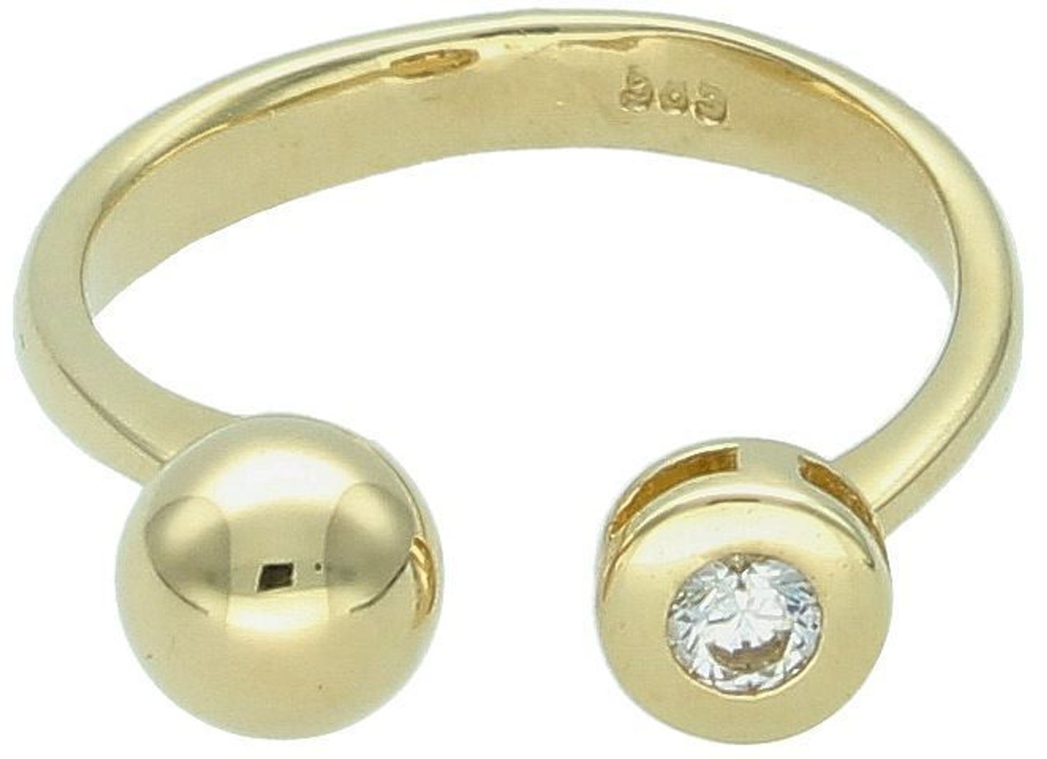 Nowoczesny złoty pierścionek damski 585 z otwartą formą, kuleczką i cyrkonią. Rozmiar 12, waga 2,50 g. Stylowy i oryginalny dodatek dla kobiet z charakterem.1.jpg