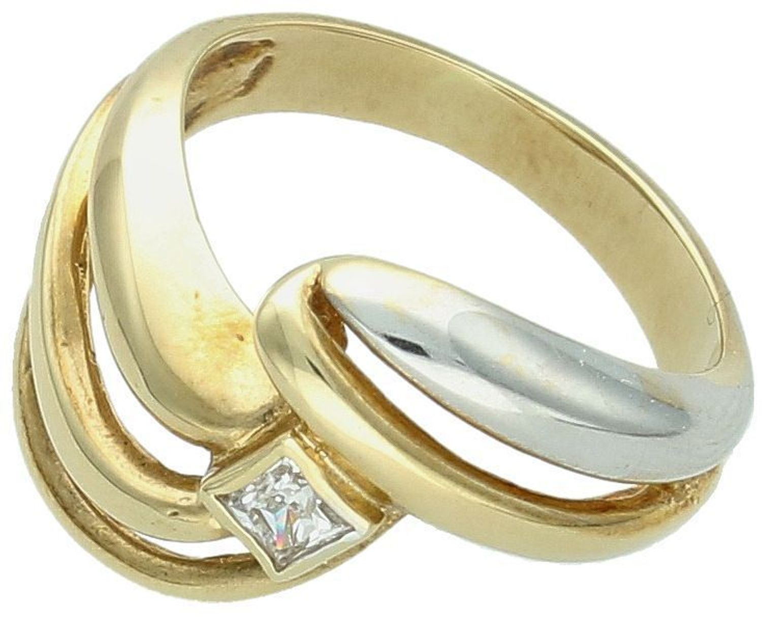 Złoty pierścionek damski próby 585 o nowoczesnym, nieregularnym kształcie. Ozdobiony cyrkonią i paskiem z białego złota. Rozmiar 12, waga 4,64 g – styl i elegancja.2.jpg
