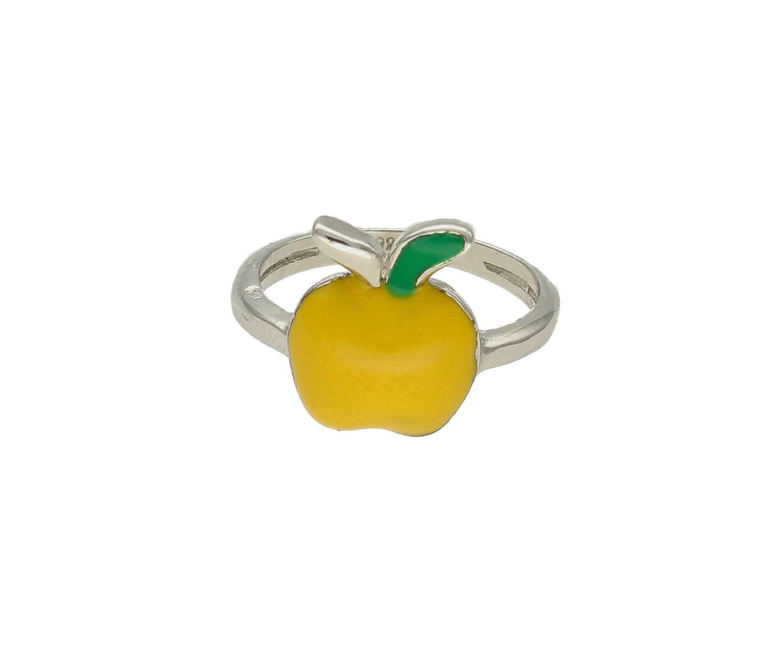 Srebrny pierścionek dziecięcy Jabłko DIA-PRS-6426-925. Pierścionek z motywem jabłka, ozdobiona zieloną i żółtą emalią. Pierścionek został wykonany z najwyższej jakości srebra próby 925.  Pierścionek to idealny pomysł na prez.jpg