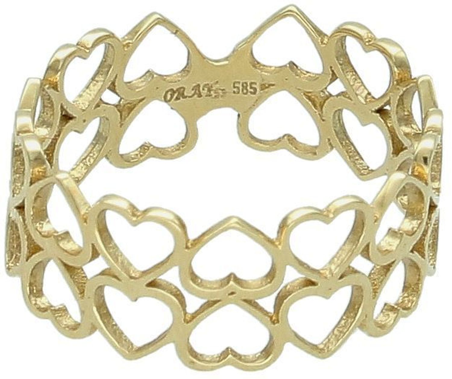 Złoty pierścionek damski próby 585 z dwoma rzędami ażurowych serduszek to delikatna, romantyczna biżuteria idealna na prezent z miłości. Sprawdź w naszym sklepie!1.jpg