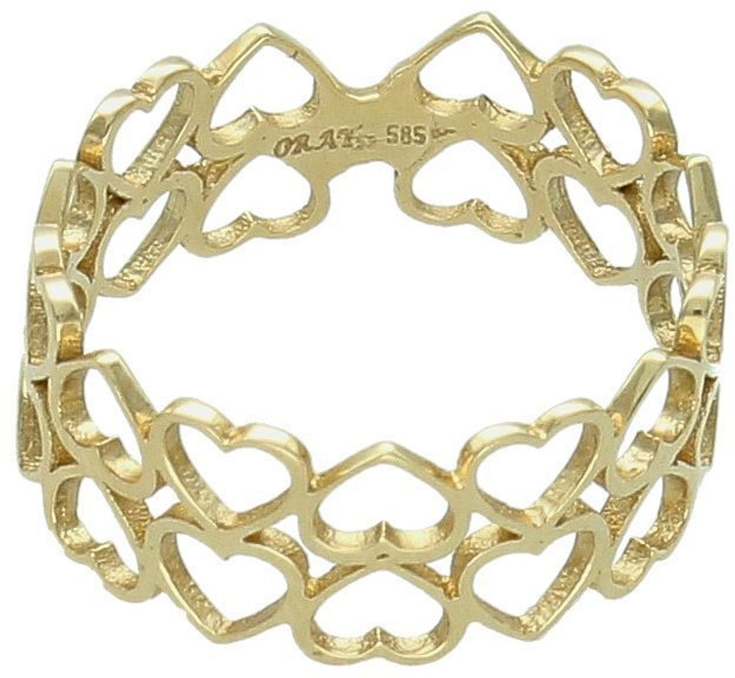 Złoty pierścionek damski próby 585 z dwoma rzędami ażurowych serduszek to delikatna, romantyczna biżuteria idealna na prezent z miłości. Sprawdź w naszym sklepie!1.jpg