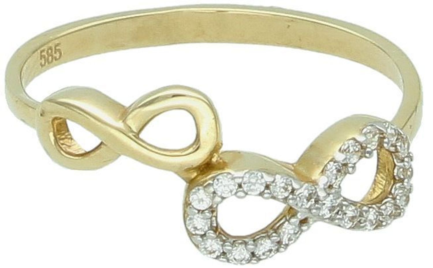 Złoty pierścionek damski 585 z dwoma znakami nieskończoności i cyrkoniami. DIA-PRS-6648-585, 1,61 g, rozmiar 13. Elegancja i symbolika w jednym. Sprawdź w naszym sklepie!1.jpg