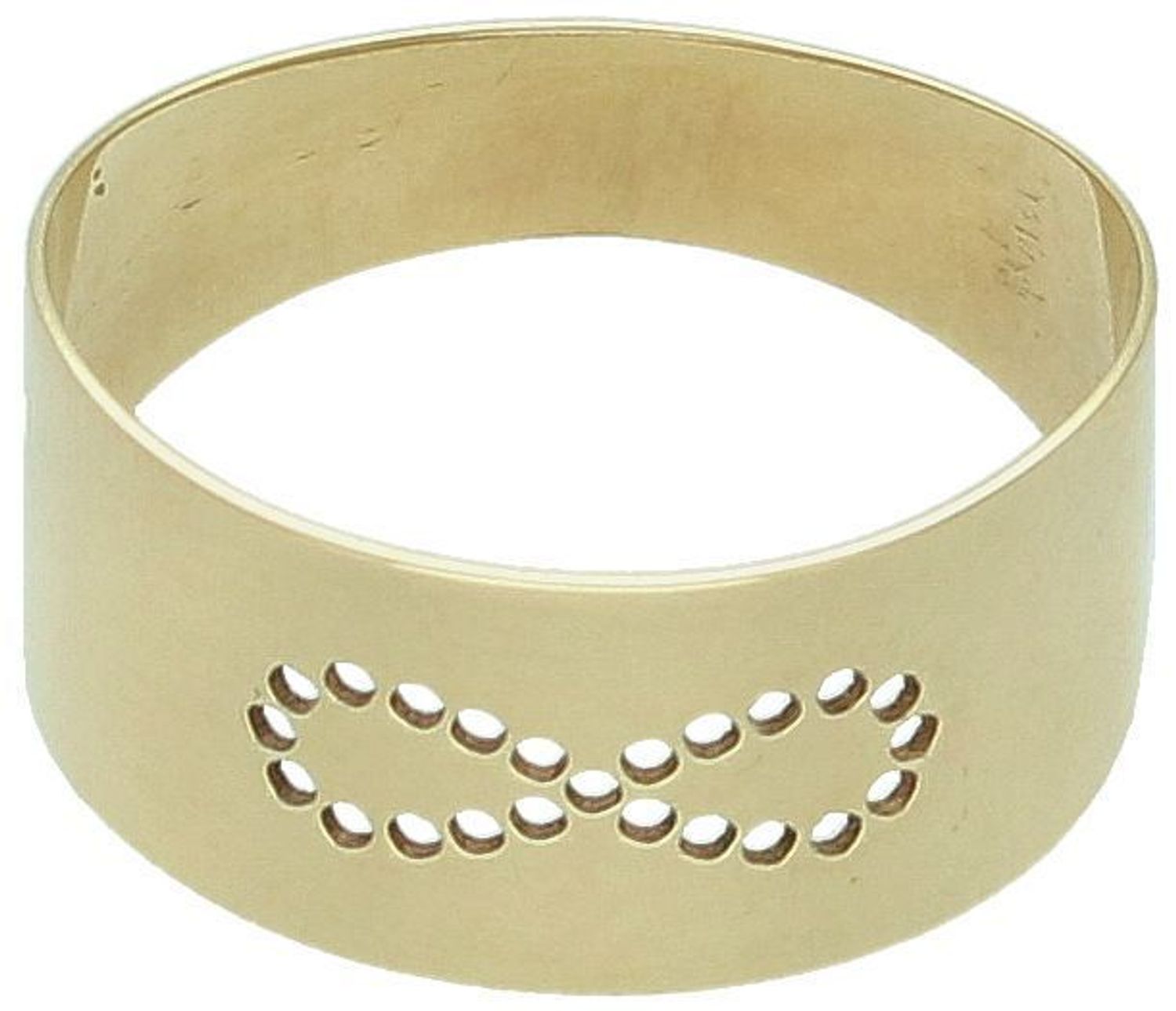 Złoty pierścionek damski próby 585 w formie obrączki z wyciętym znakiem nieskończoności. Szerokość 8 mm, rozmiar 13. Elegancka i symboliczna biżuteria.1.jpg