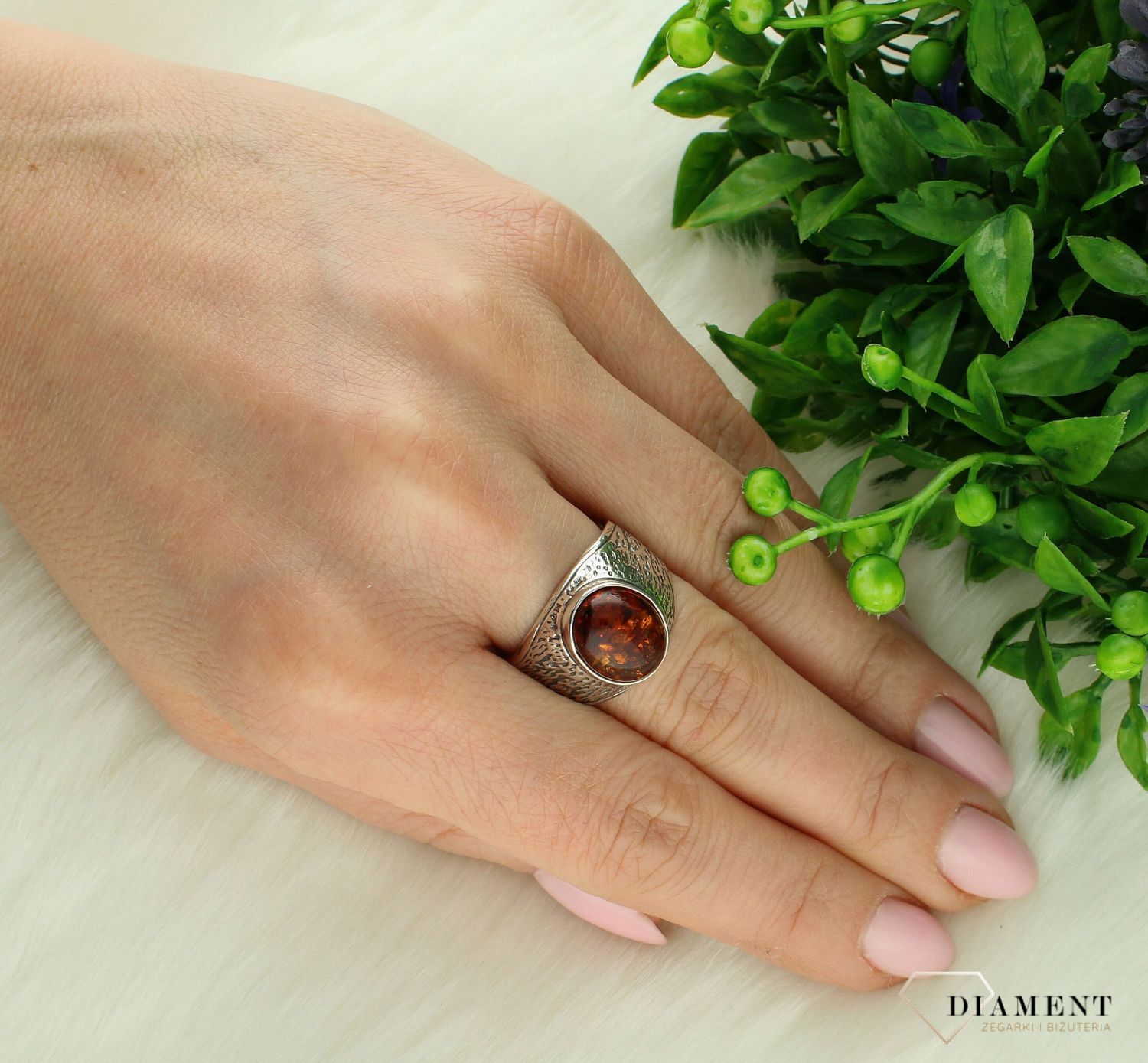 Srebrny pierścionek damski 925 obrączka z bursztynem DIA-PRS-7148-925 (2).jpg