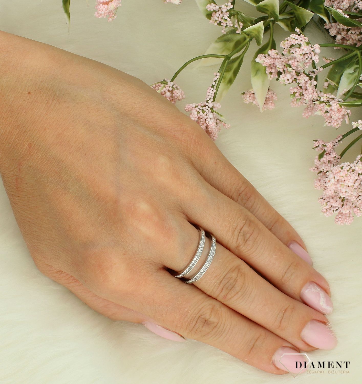 Srebrny pierścionek damski 925 podwójny z cyrkoniami rozmiar 16 DIA-PRS-7181-925.jpg
