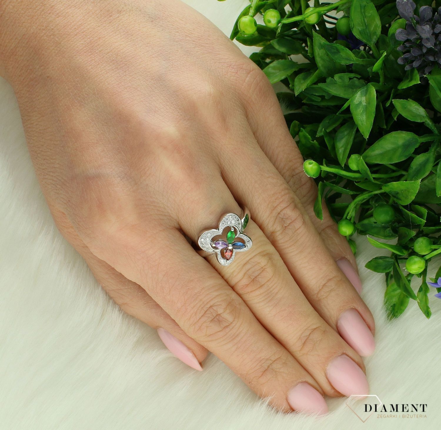 Srebrny pierścionek damski 925 kwiatek z kolorowymi cyrkoniami  DIA-PRS-7199-925 (2).jpg