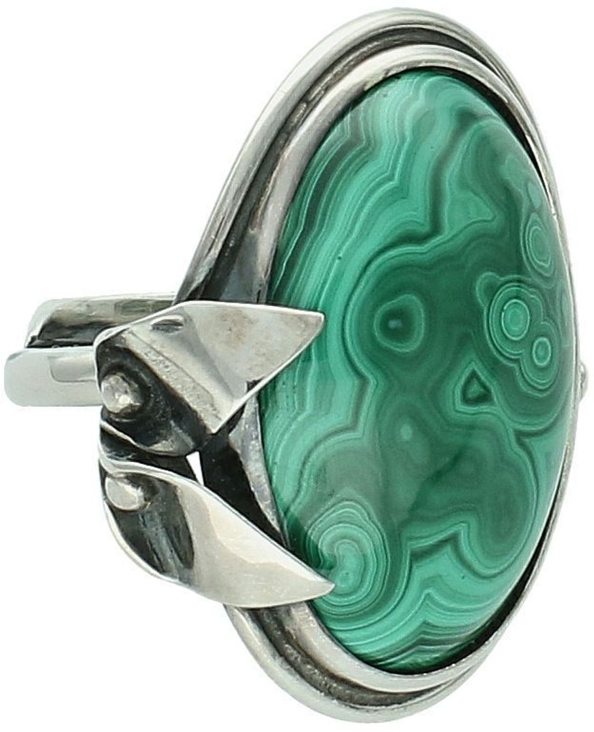 Elegancki pierścionek srebrny 925 z malachitem, rozmiar 15 z regulacją, waga 20,70 g, szerokość elementu ozdobnego 3,0 cm, długość 3,5 cm, szerokość szyny 3 mm.1.jpg