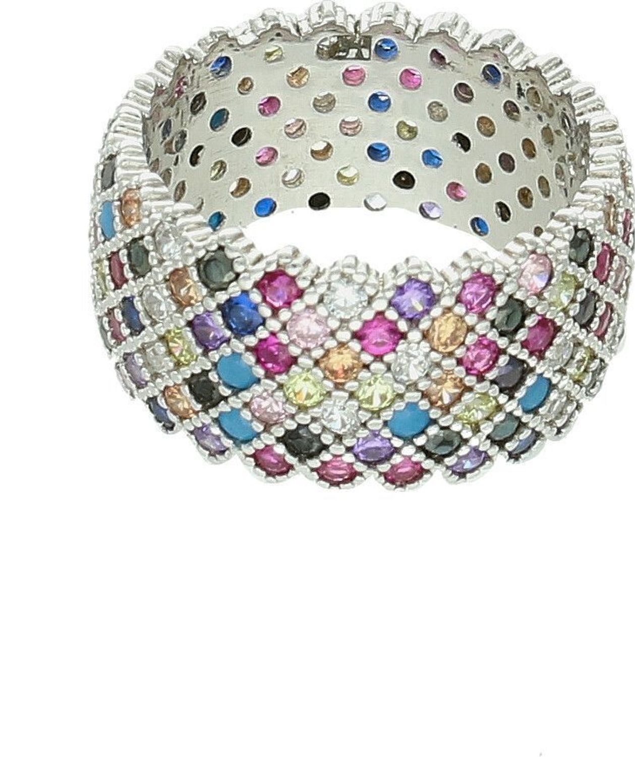 Srebrny pierścionek damski 925 szeroka obrączka z kolorowymi cyrkoniami DIA-PRS-7255-925. Srebrny pierścionek damski. Pierścionek srebrny damski z w formie obrączki. Pierścionek srebrny z cyrkoniami. Srebrny pierścionek damski na preze (1).jpg