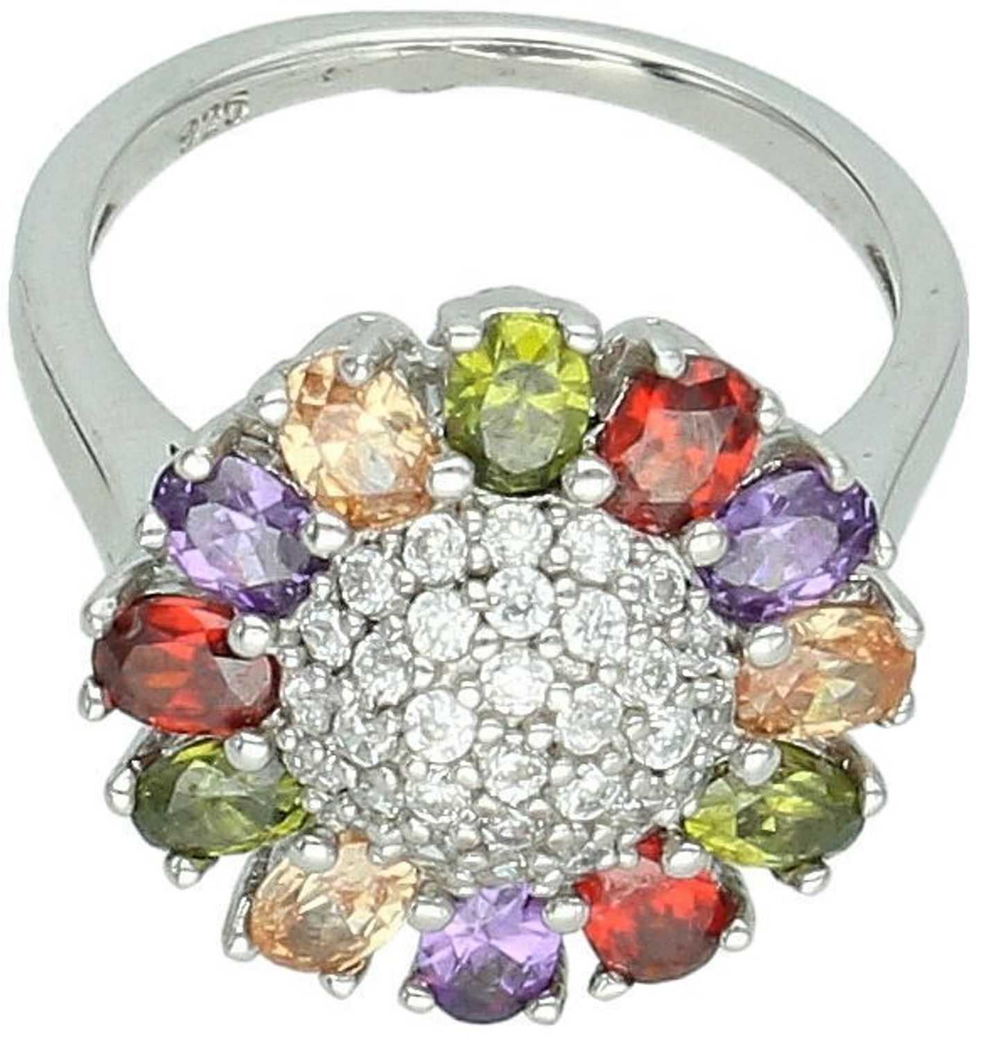 Srebrny pierścionek z kolorowymi cyrkoniami, próba 925. Dekoracyjny okrągły element 1,7 cm, dolna szyna 2 mm, waga 5,58 g. Model DIA-PRS-7327-925 – pełen koloru i elegancji.1.jpg