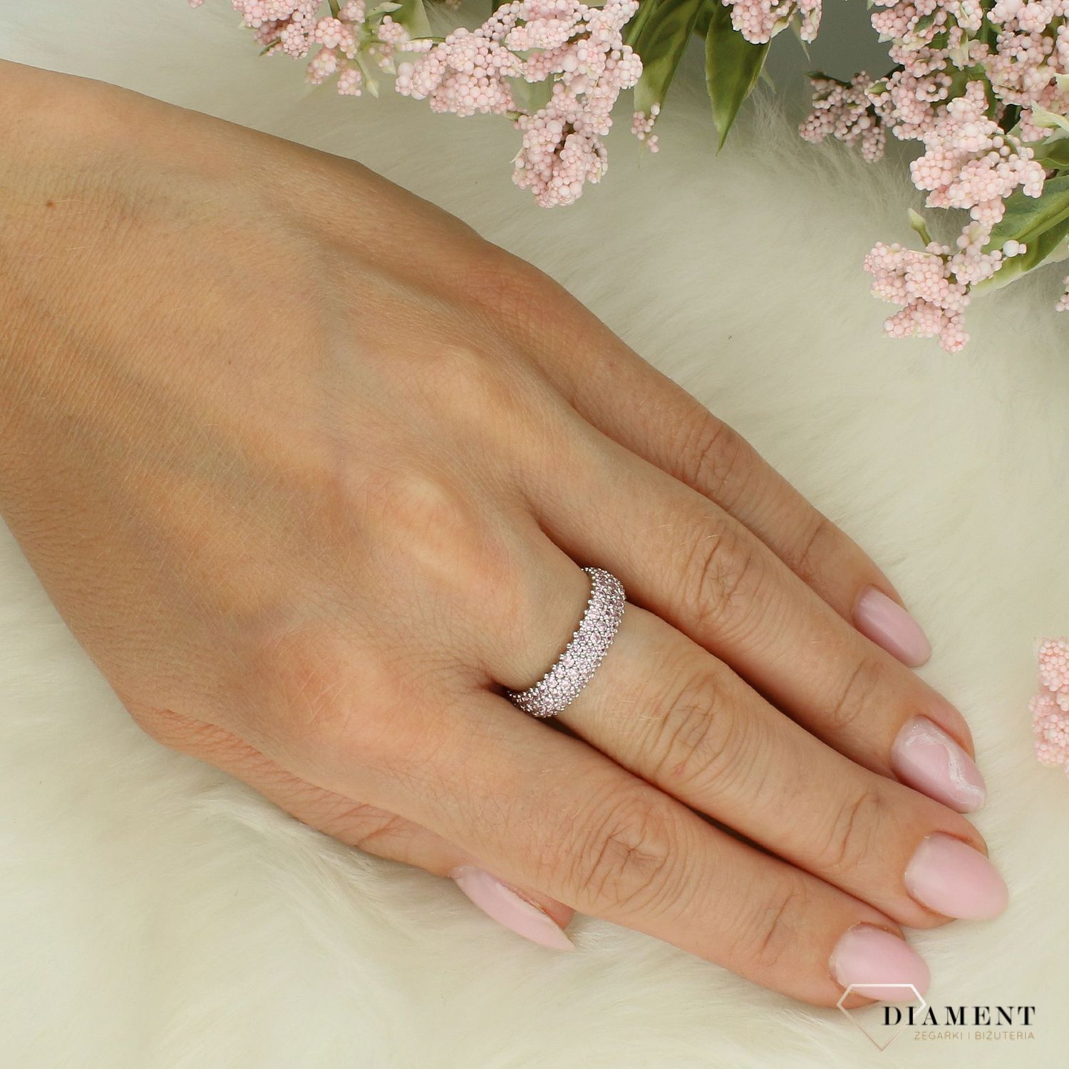 Srebrny pierścionek damski 925 z różowymi cyrkoniami rozmiar 11 DIA-PRS-7343-925.  Srebrny pierścionek damski. Pierścionek srebrny dla kobiety na prezent. Srebrny damski pierścionek z cyrkoniami.1.jpg