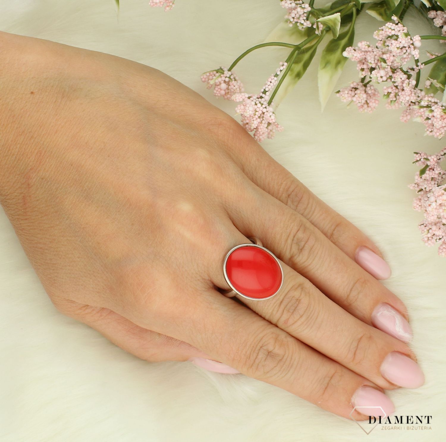 Srebrny pierścionek damski 925 owalny z koralem rozmiar 17 DIA-PRS-7366-925 5.jpg