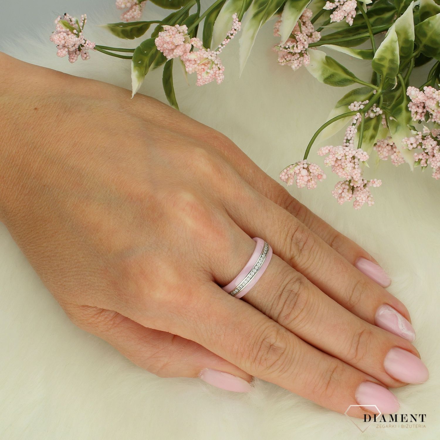 Srebrny pierścionek damski 925 różowy ceramiczny rozmiar 15 DIA-PRS-7469-925.jpg