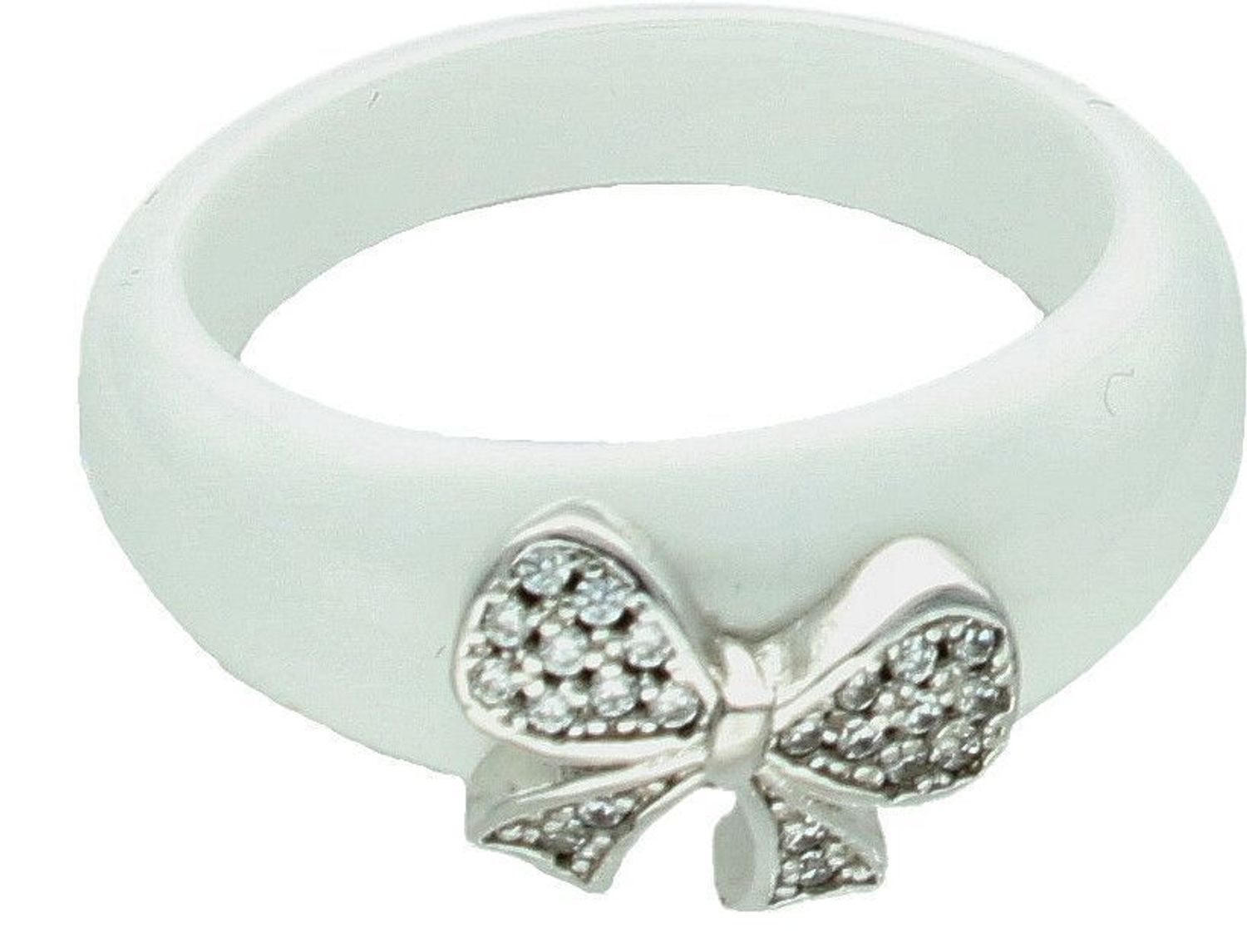 Srebrny pierścionek damski 925 Biała ceramika z kokardką DIA-PRS-7482-925. Srebrny pierścionek biały. Ceramiczny pierścionek z kokardką dla kobiety. Pierścionek idealny na prezent dla pań. 1.jpg