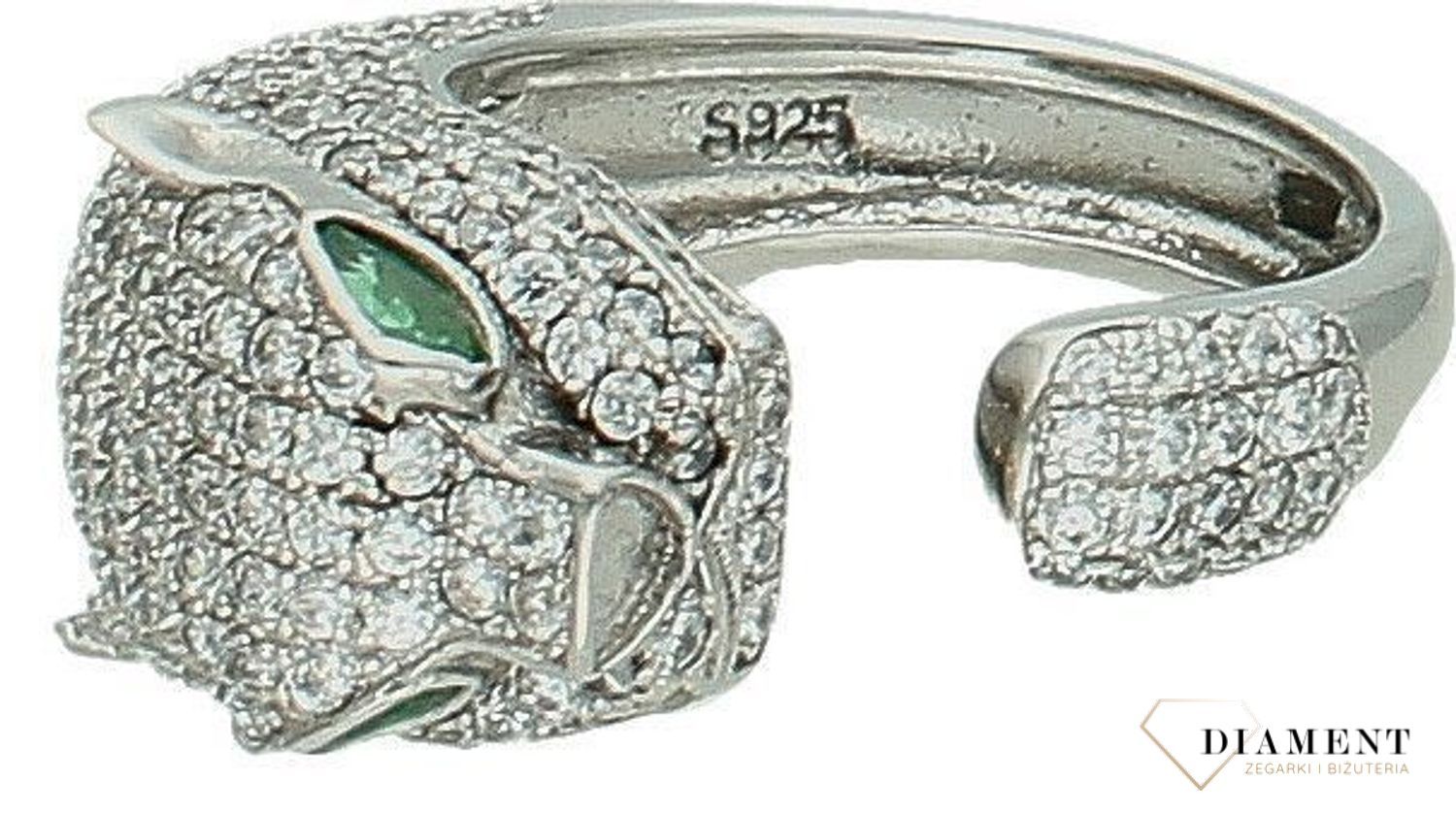 Srebrny pierścionek damski 925 Jaguar z zielonym okiem rozmiar 17 DIA-PRS-7524-925 . Srebrny pierścionek tygrys. Srebrny pierścionek dziki kot. Srebrny pierścionek pantera. Pierścionek srebrny na prezent..jpg