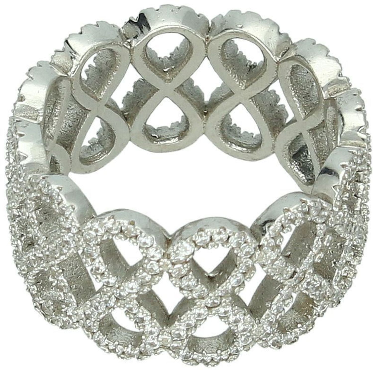 Srebrny pierścionek damski próby 925 z motywem nieskończoności i cyrkoniami. Model DIA-PRS-7747-925, szerokość 1,1 cm, waga 7,27 g, rozmiar 18. 1.jpg