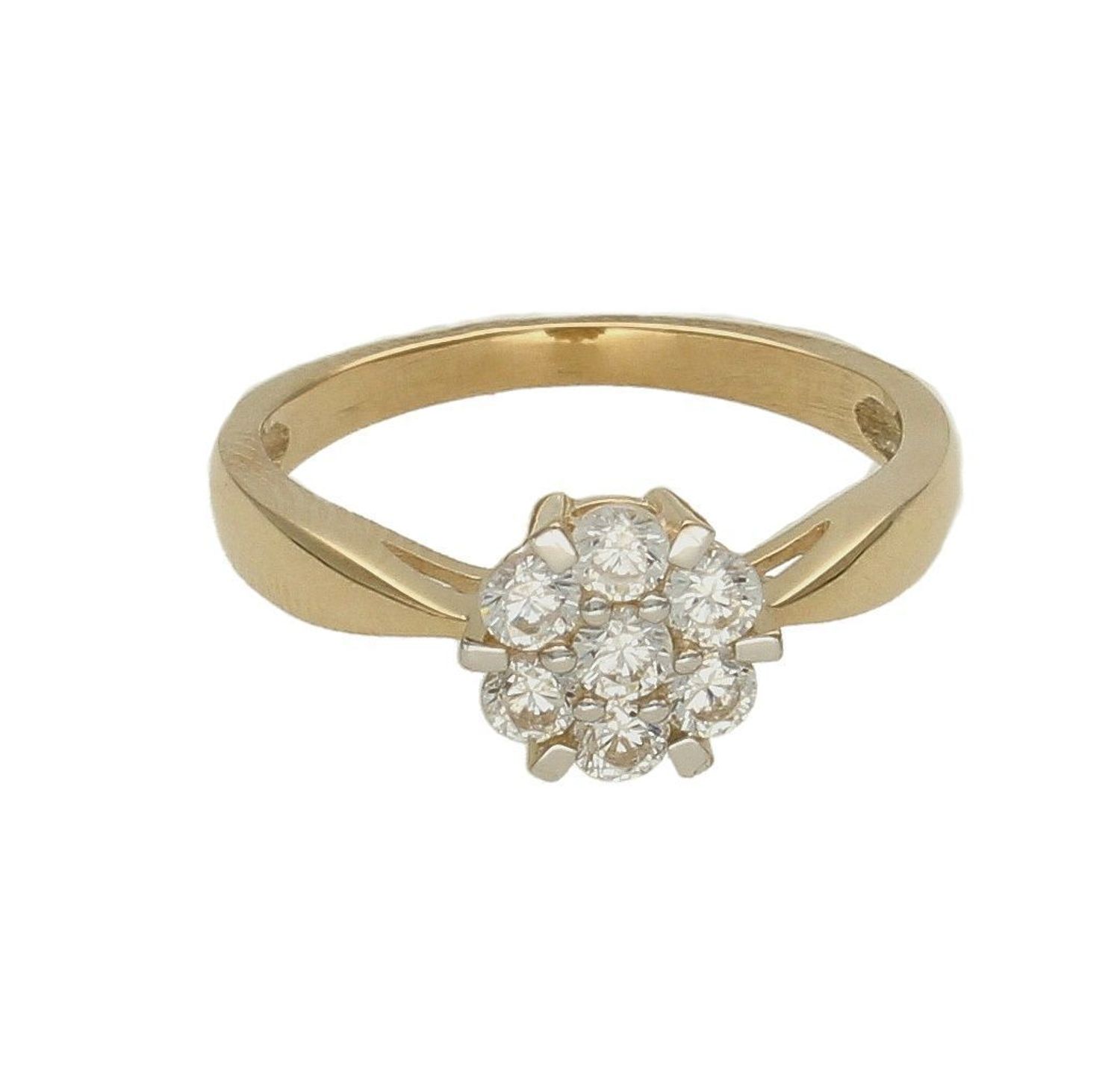 Złoty pierścionek 375 kwiatek z drobnych cyrkonii zaręczynowy DIA-PRS-7791-375. Pierścionek z wystającą cyrkonią pięknie lśniący.  Pierścionek doskonały na co dzień jak i do wieczorowych kreacji. Pierścionek z 9- karatowego .jpg