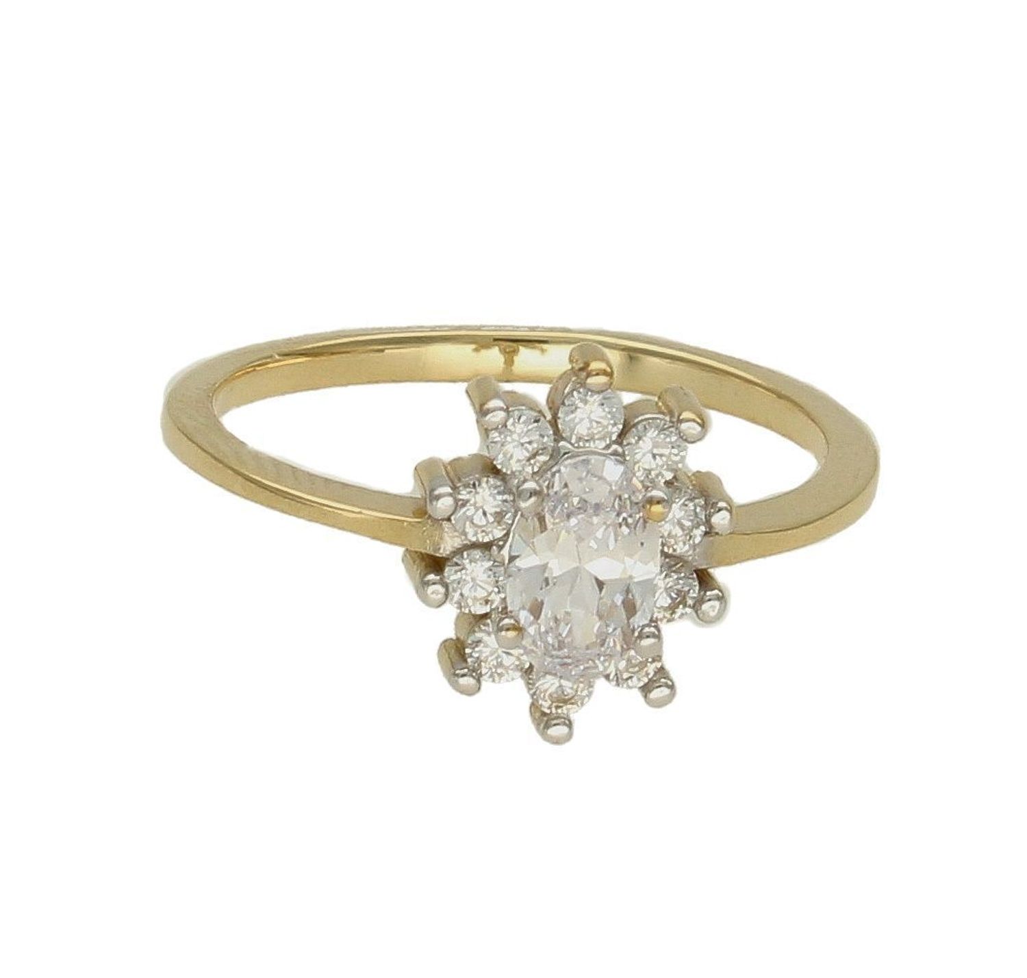 Złoty pierścionek 375 bogaty owalny kwiatek z cyrkoniami DIA-PRS-7795-375. Pierścionek z wystającą cyrkonią pięknie lśniący.  Pierścionek doskonały na co dzień jak i do wieczorowych kreacji. Pierścionek z 9- karatowego złota (1).jpg