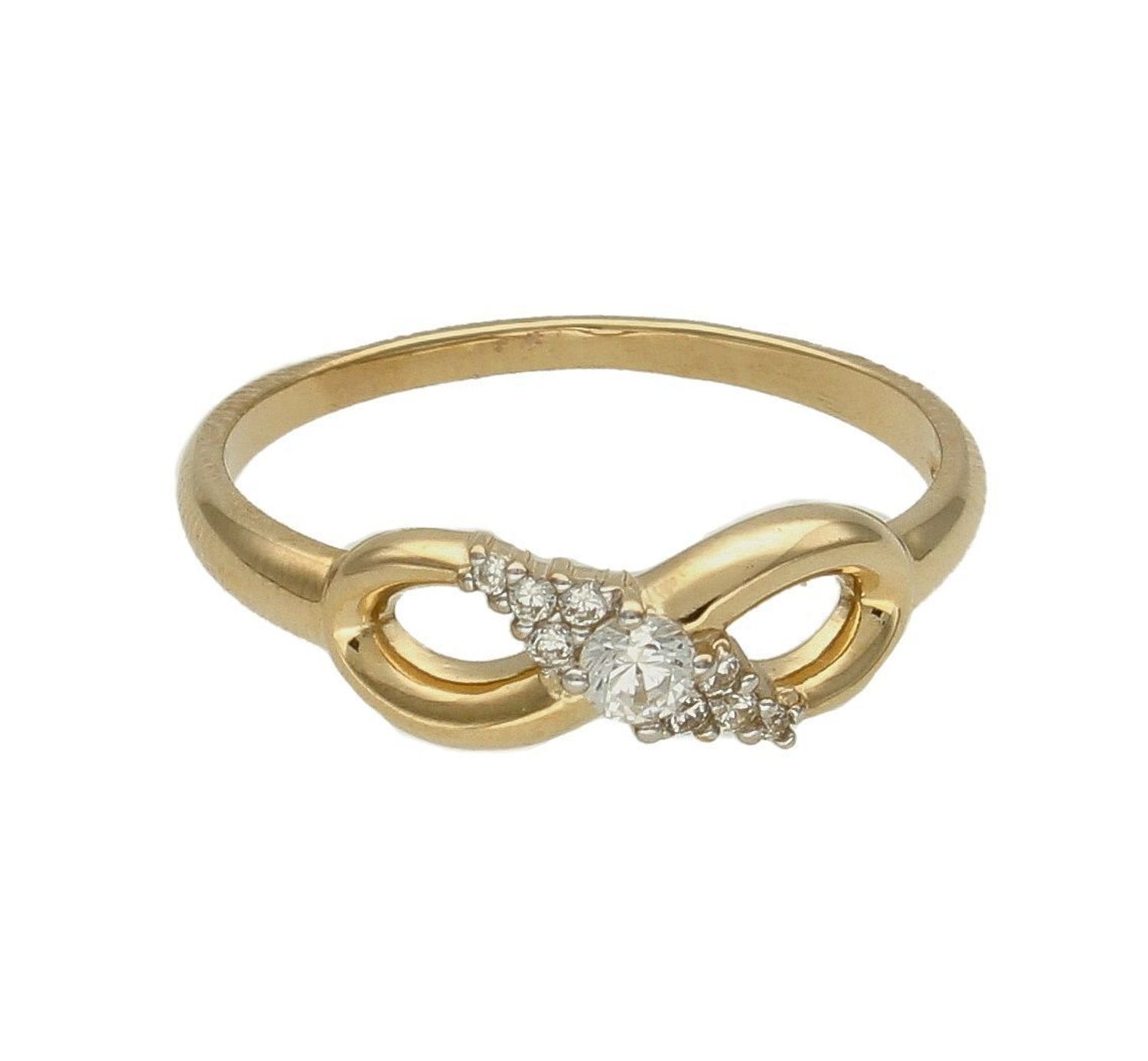 Złoty pierścionek 375 nieskończoność z dodatkiem cyrkonii DIA-PRS-7799-375. Pierścionek z wystającą cyrkonią pięknie lśniący.  Pierścionek doskonały na co dzień jak i do wieczorowych kreacji. Pierścionek z 9- karatowego złota (1).jpg