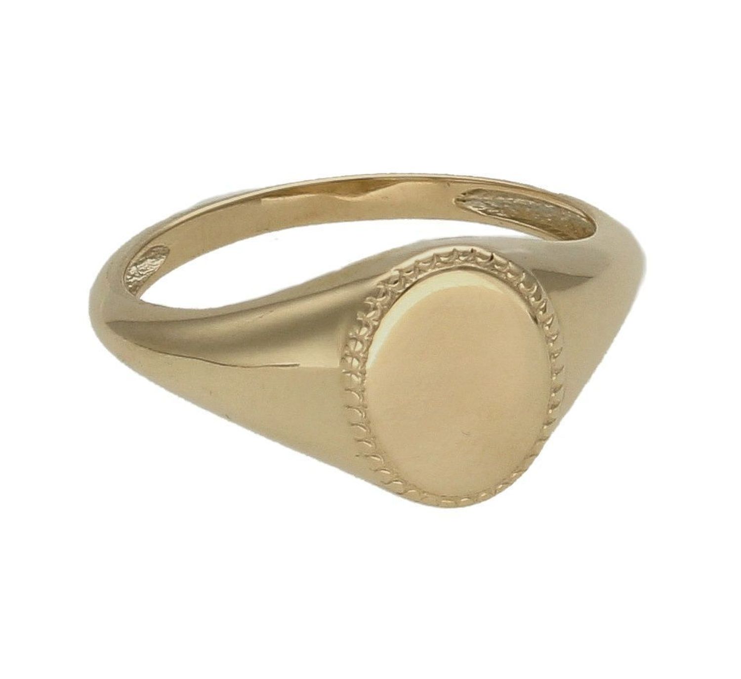 Złoty sygnet 375 owalny gładki z grawerowaniem wokół DIA-PRS-7805-375. Pierścionek z płaską powierzchnią z delikatnym grawerowaniem po boku. Pierścionek doskonały na co dzień jak i do wieczorowych kreacji. Pierścionek z 9- ka (1).jpg