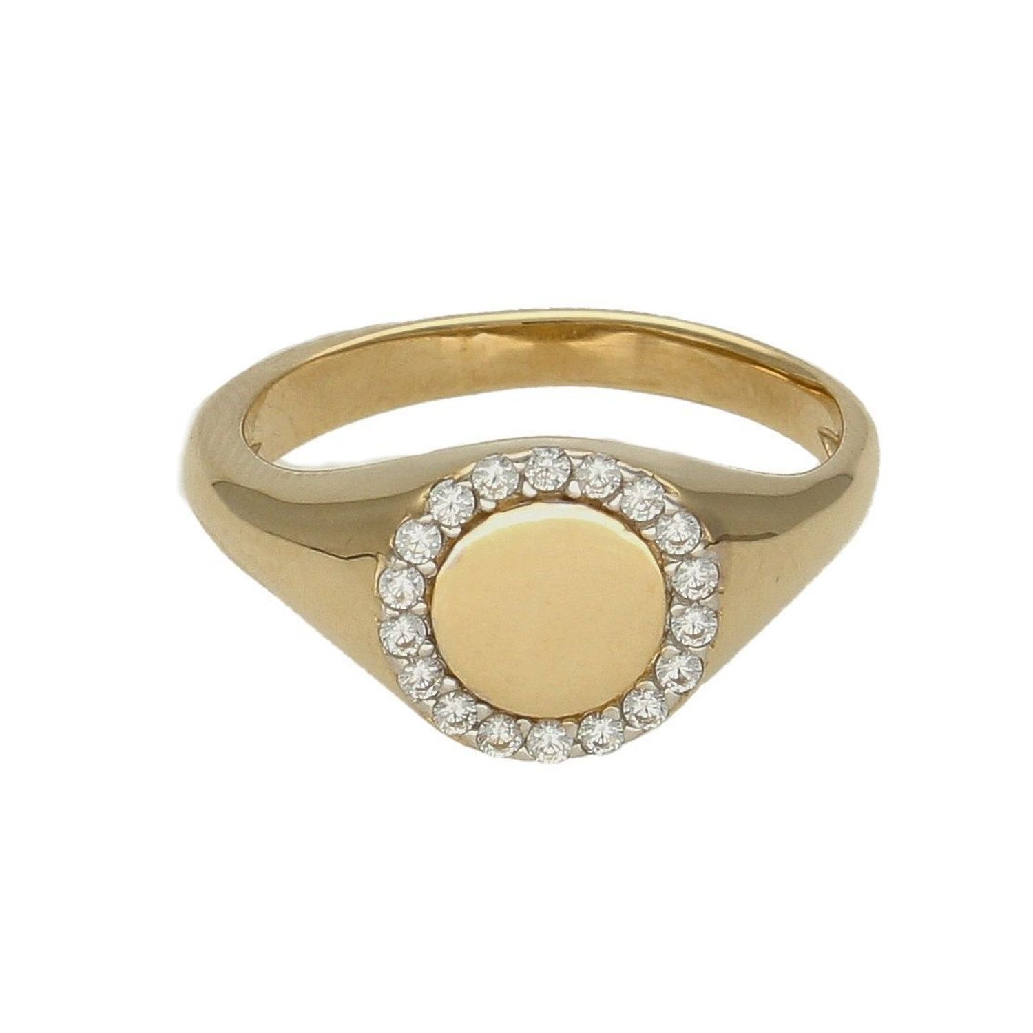 Złoty sygnet 585 okrągły z błyszczącymi cyrkoniami wokół DIA-PRS-7809-585. Pierścionek został wykonany z najwyższej jakości złota próby 585. Waga pierścionka wynosi około 3,44 gram. Ten piękny, elegancki pierścionek wykonano.jpg