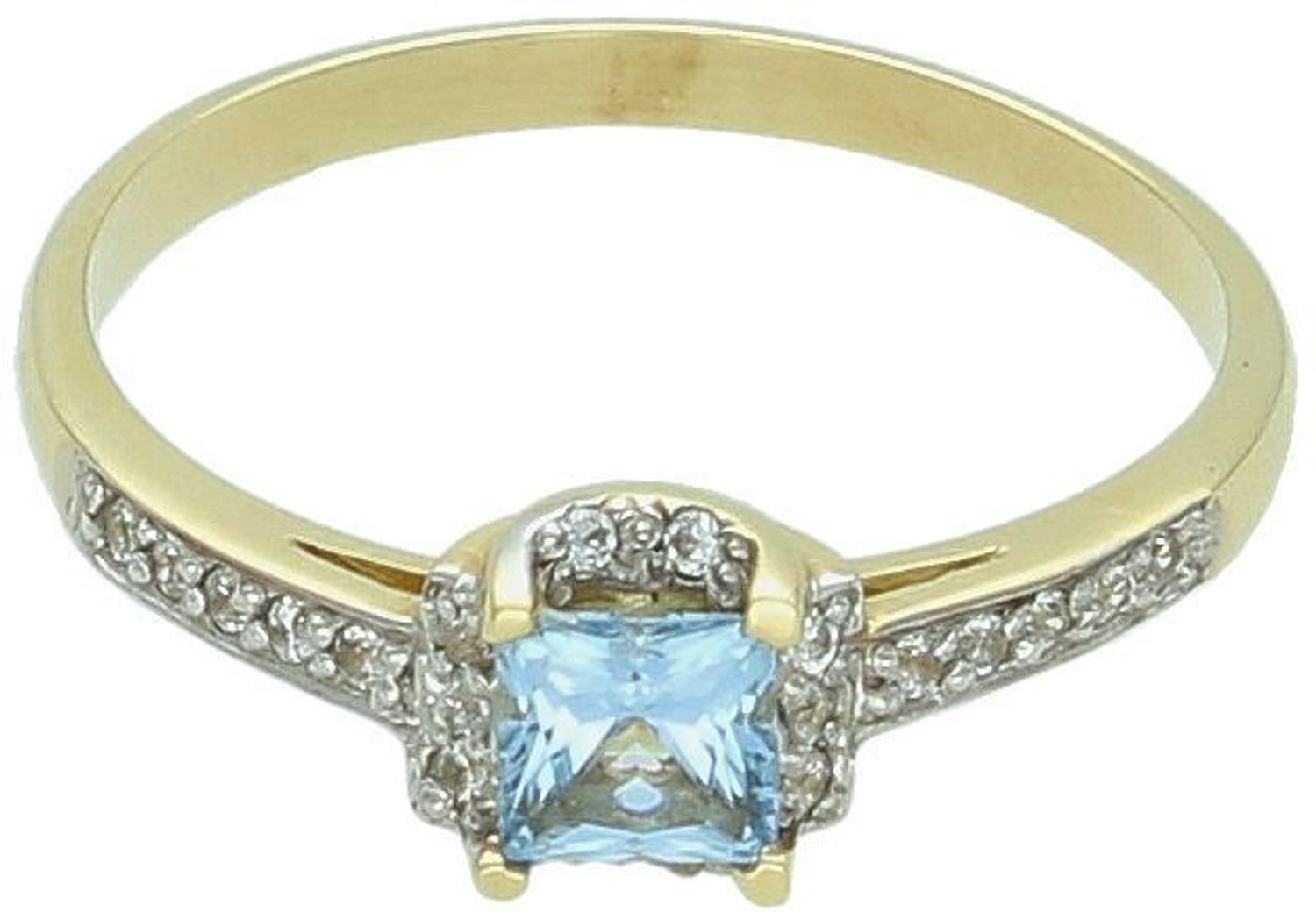 Złoty pierścionek damski 585 z dużą niebieską cyrkonią i białymi kamieniami. Rozmiar 13, waga 1,90 g. Elegancki, kobiecy, idealny na prezent lub zaręczyny.1.jpg