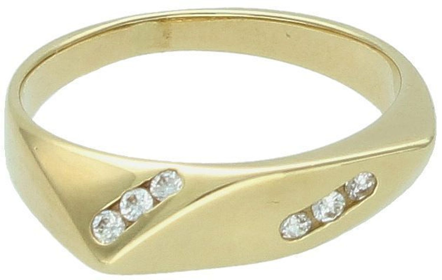 Złoty pierścionek damski w formie sygnetu próby 585, zdobiony cyrkonią. Waga 2,61 g, rozmiar 13, wymiary góry 4 mm x 1,5 cm. Oryginalna, nowoczesna biżuteria z klasą. Kup online!1.jpg