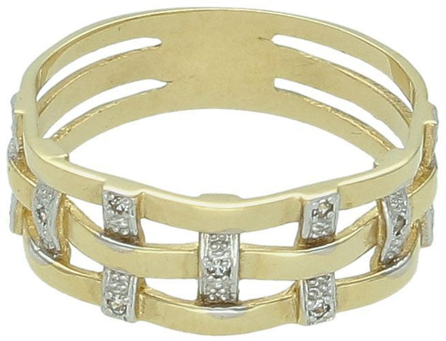 Złoty pierścionek damski próby 585 zdobiony cyrkoniami. Waga 2,68 g, rozmiar 13, szerokość elementu górnego 7 mm, szerokość szyny 6 mm. Elegancka biżuteria na każdą okazję.1.jpg