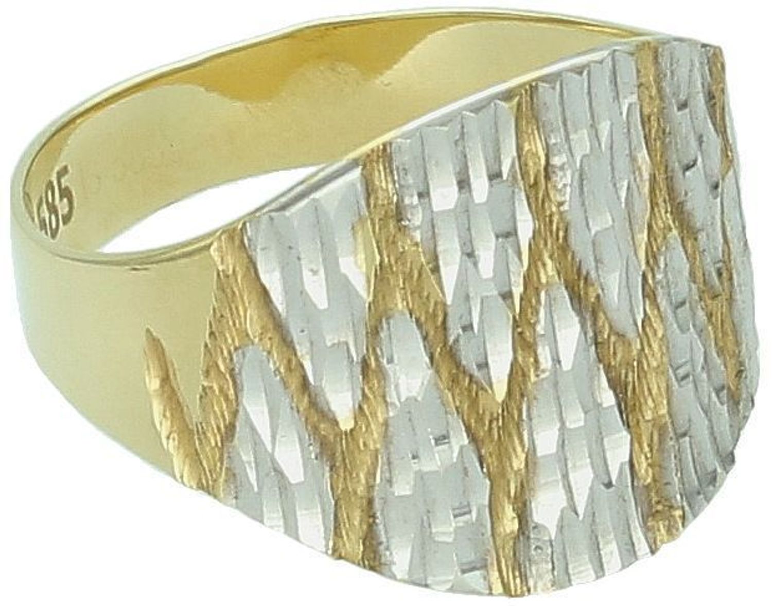 Złoty pierścionek damski próby 585 zdobiony detalem z białego złota – subtelny kontrast i ponadczasowy styl. Rozmiar 13. Idealny na prezent!1.jpg